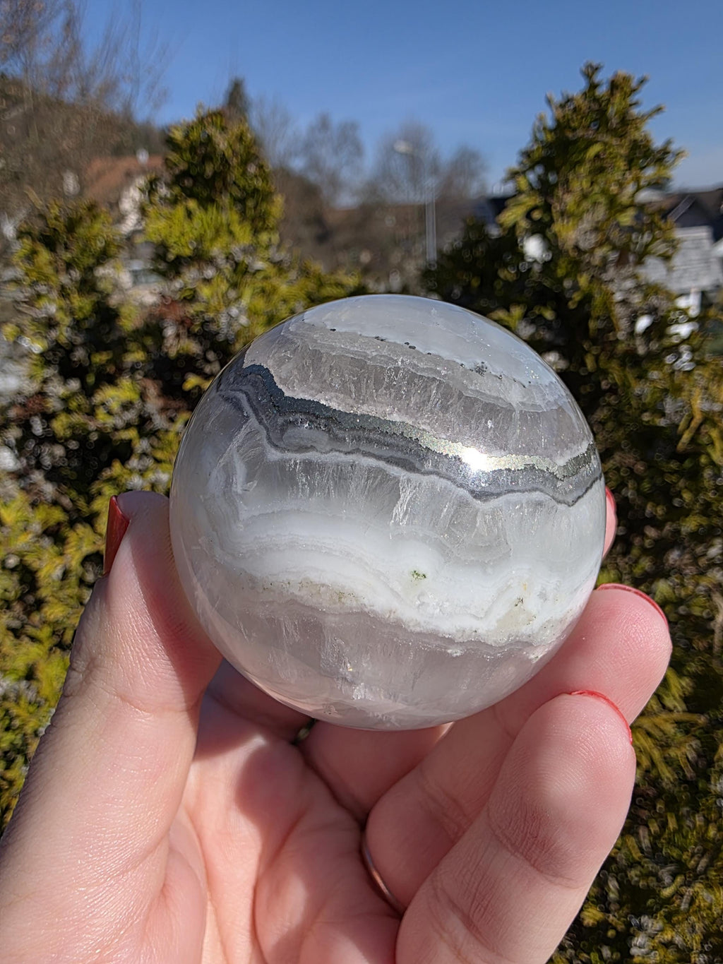 Clear Fluorite Sphere with Pyrite Band | Polished Crystal Ball | Natural Fluorite Mineral Decor Gift