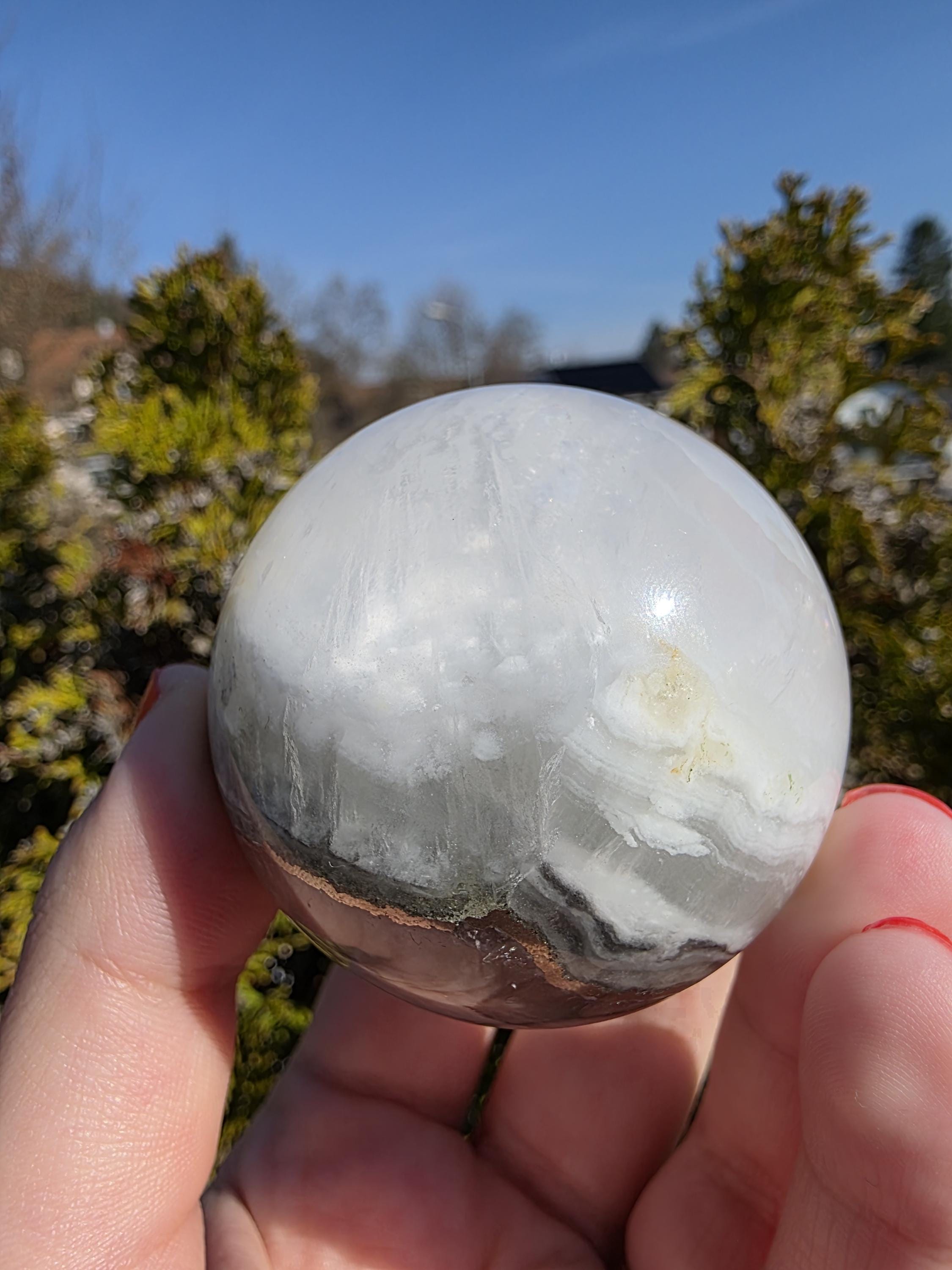 Clear Fluorite Sphere with Pyrite Band | Polished Crystal Ball | Natural Fluorite Mineral Decor Gift
