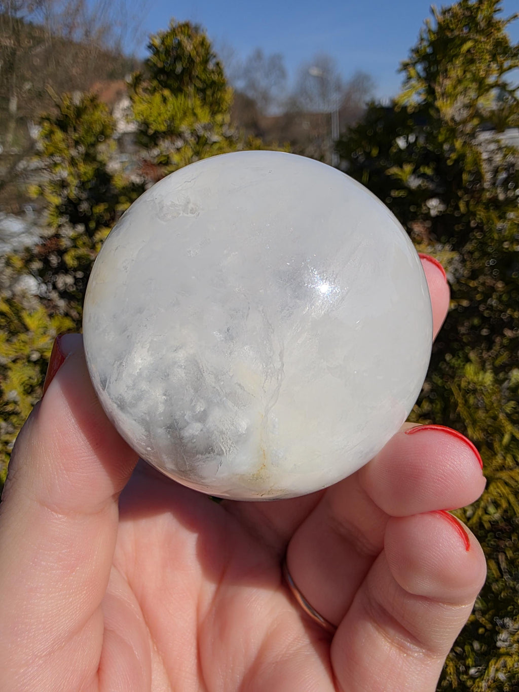 Clear Fluorite Sphere with Pyrite Band | Polished Crystal Ball | Natural Fluorite Mineral Decor Gift