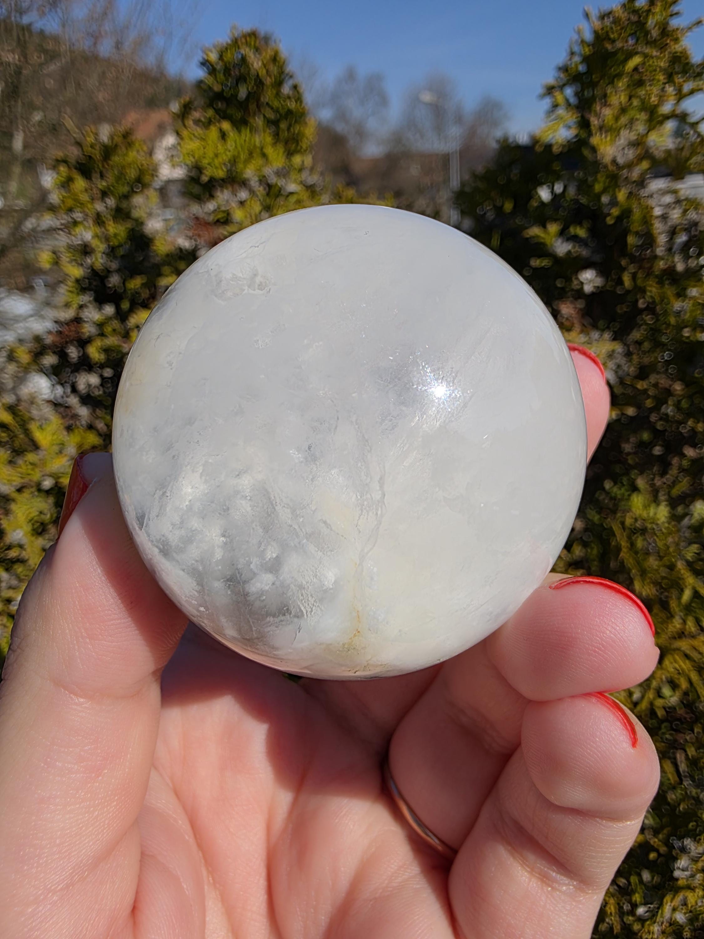 Clear Fluorite Sphere with Pyrite Band | Polished Crystal Ball | Natural Fluorite Mineral Decor Gift