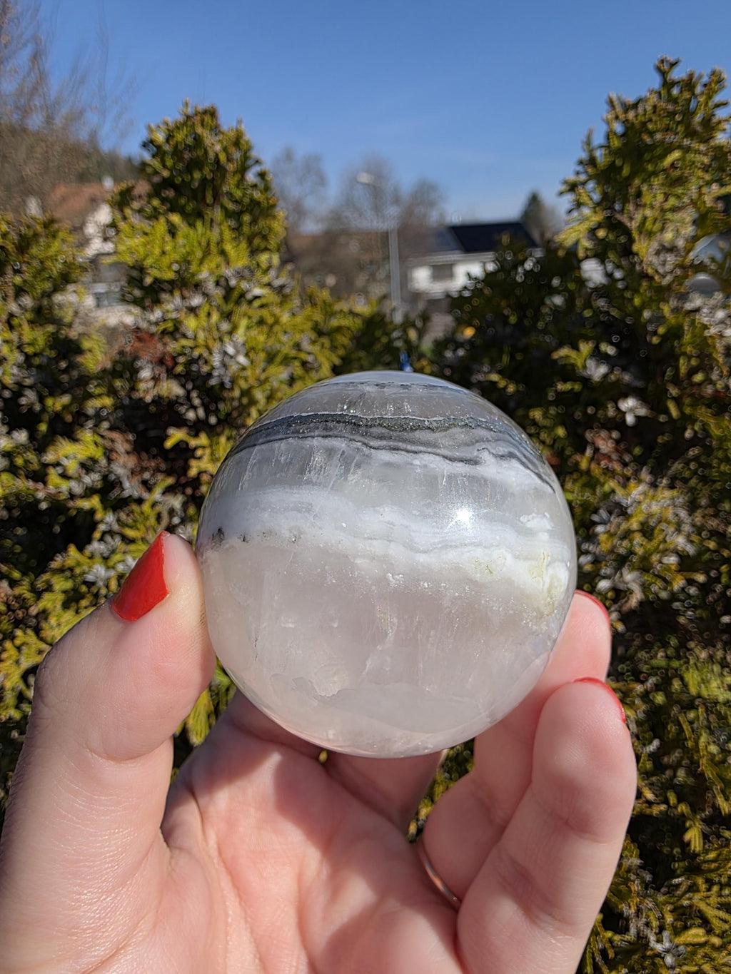 Clear Fluorite Sphere with Pyrite Band | Polished Crystal Ball | Natural Fluorite Mineral Decor Gift