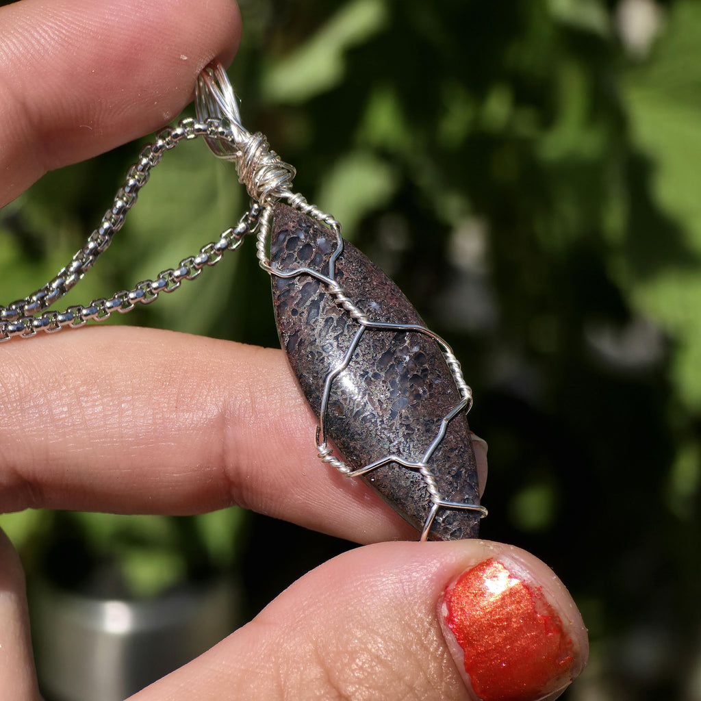Dinosaur Bone Necklace | Fossil Cabochon Pendant | Polished Dino Bone | Stainless Steel Chain | Prehistoric Jewelry