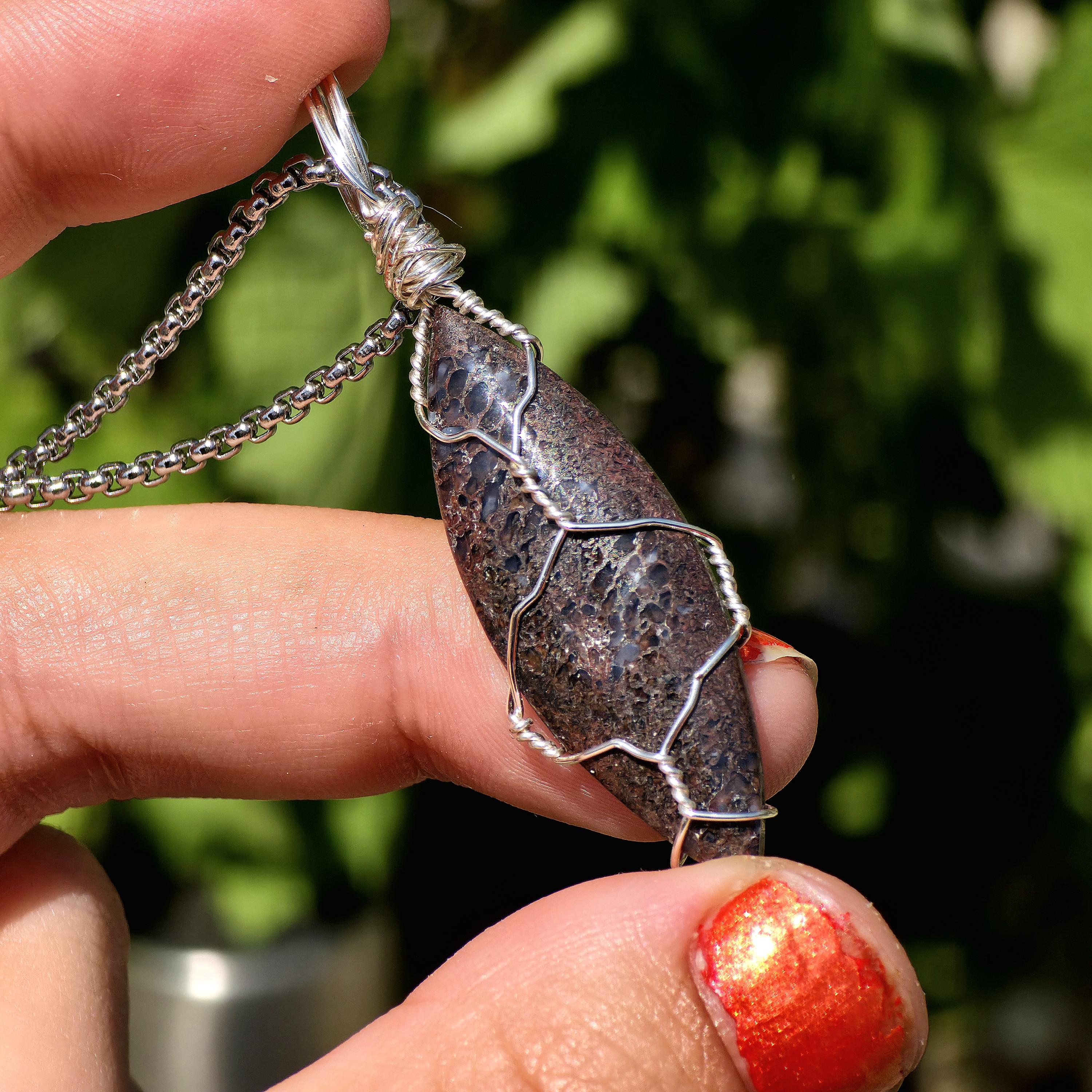 Dinosaur Bone Necklace | Fossil Cabochon Pendant | Polished Dino Bone | Stainless Steel Chain | Prehistoric Jewelry