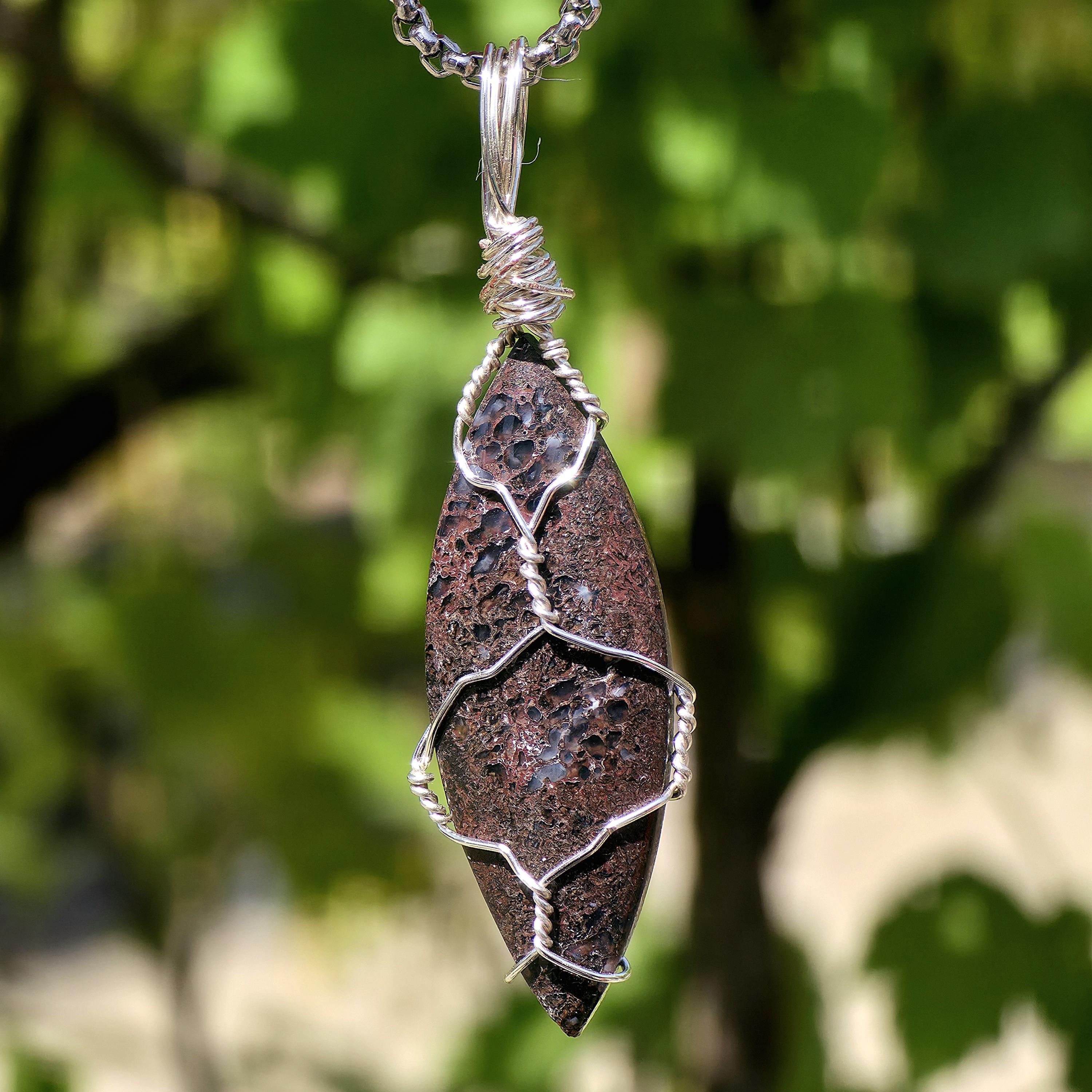 Dinosaur Bone Necklace | Fossil Cabochon Pendant | Polished Dino Bone | Stainless Steel Chain | Prehistoric Jewelry