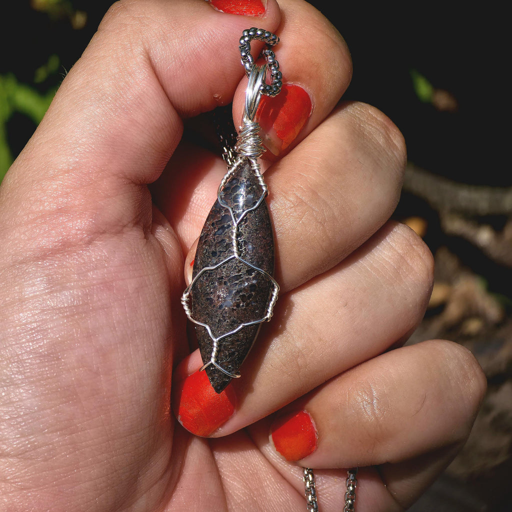 Dinosaur Bone Necklace | Fossil Cabochon Pendant | Polished Dino Bone | Stainless Steel Chain | Prehistoric Jewelry
