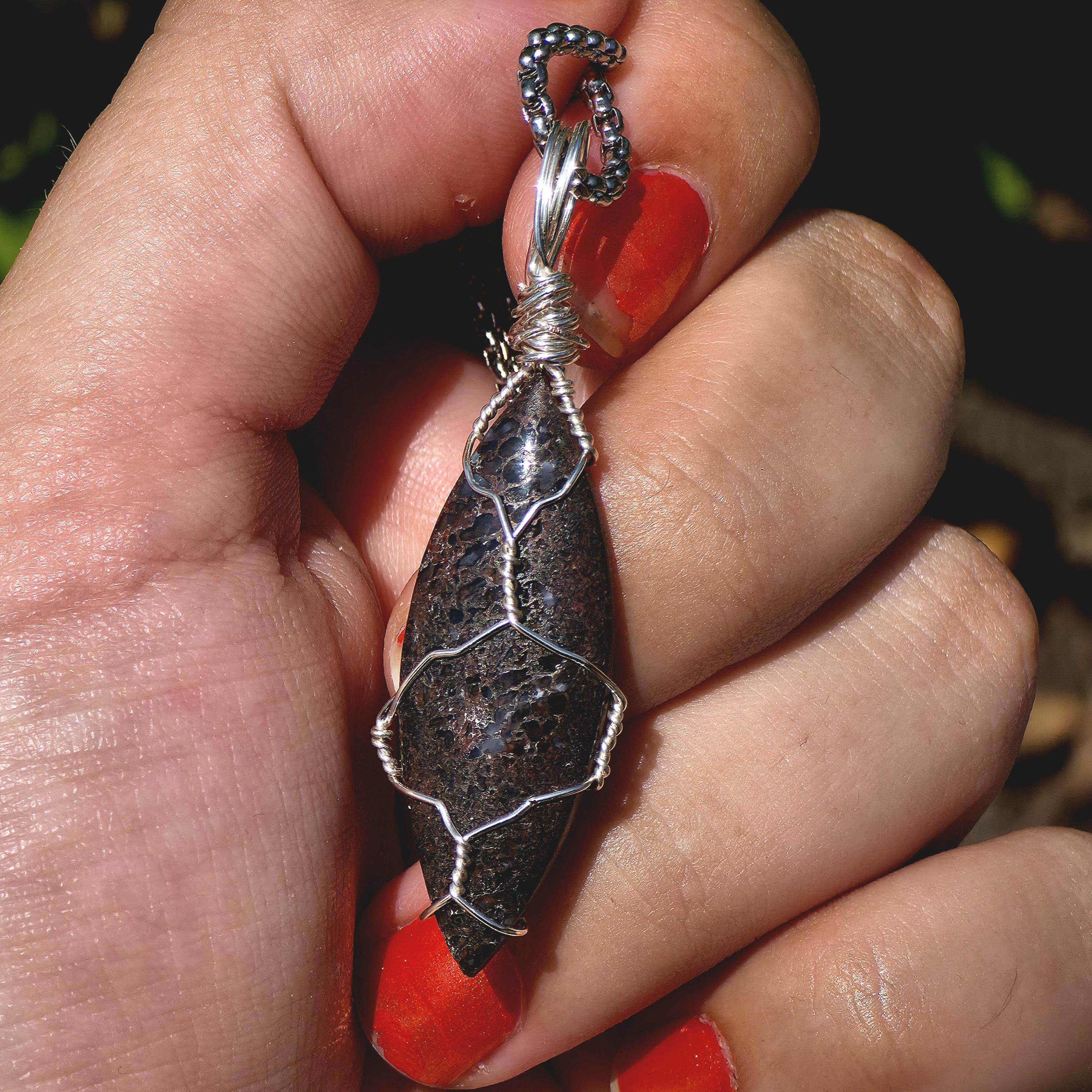 Dinosaur Bone Necklace | Fossil Cabochon Pendant | Polished Dino Bone | Stainless Steel Chain | Prehistoric Jewelry