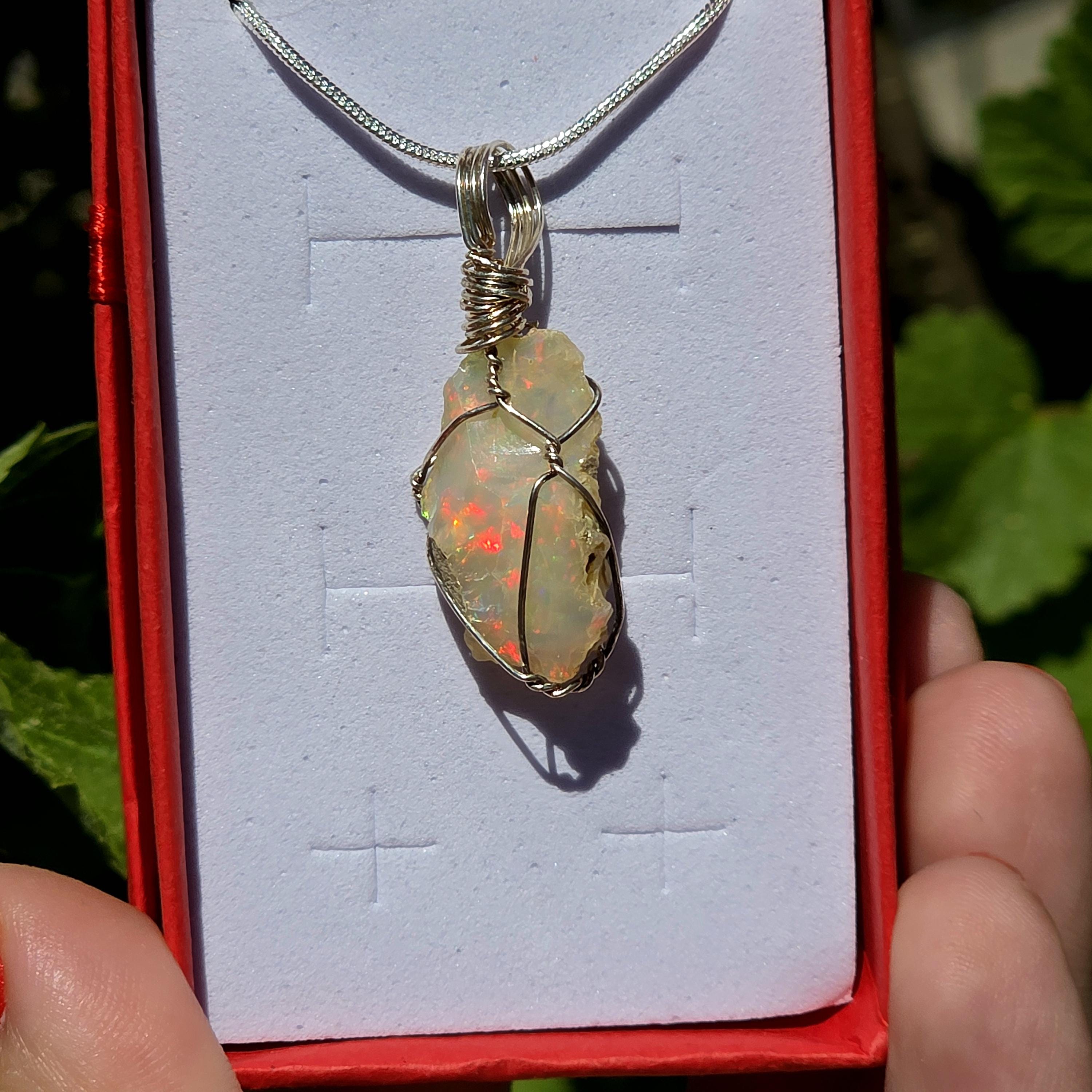 Raw Ethiopian Welo Opal Necklace | Wire Wrapped Opal Pendant | 925 Sterling Silver Chain | Natural Fire Opal Jewelry