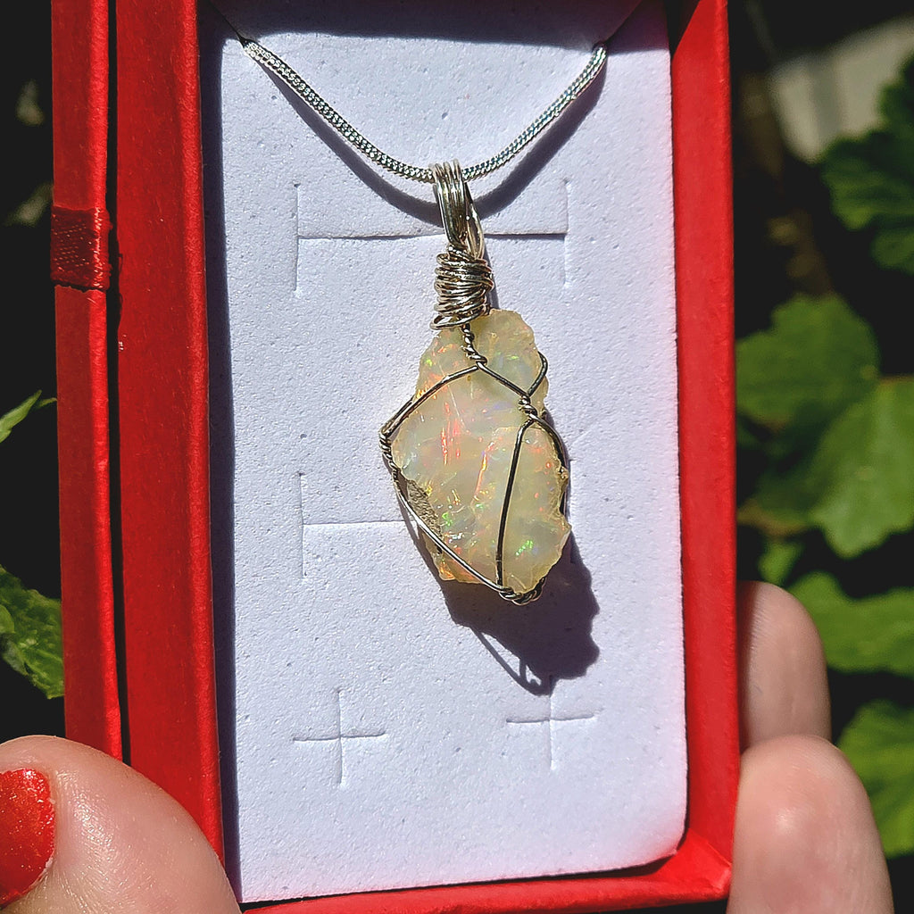 Raw Ethiopian Welo Opal Necklace | Wire Wrapped Opal Pendant | 925 Sterling Silver Chain | Natural Fire Opal Jewelry
