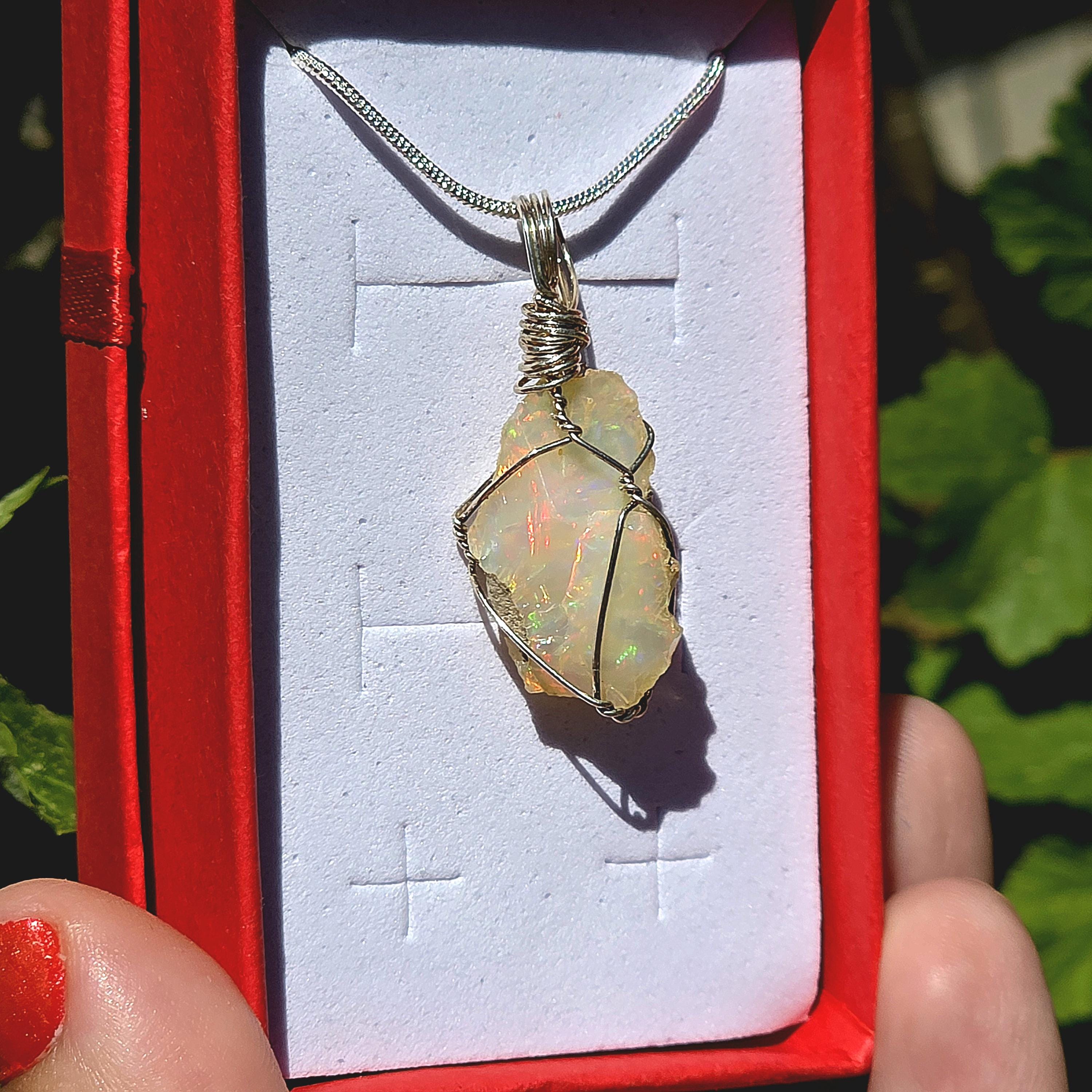 Raw Ethiopian Welo Opal Necklace | Wire Wrapped Opal Pendant | 925 Sterling Silver Chain | Natural Fire Opal Jewelry
