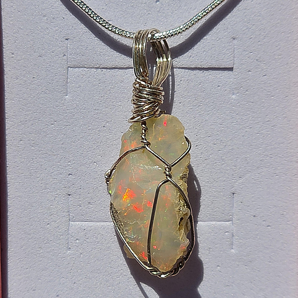 Raw Ethiopian Welo Opal Necklace | Wire Wrapped Opal Pendant | 925 Sterling Silver Chain | Natural Fire Opal Jewelry