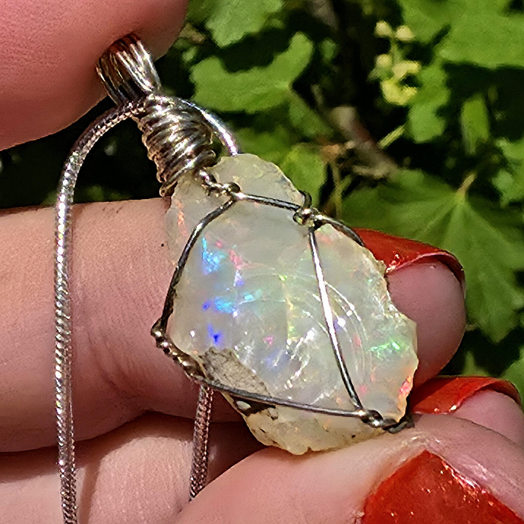 Raw Ethiopian Welo Opal Necklace | Wire Wrapped Opal Pendant | 925 Sterling Silver Chain | Natural Fire Opal Jewelry