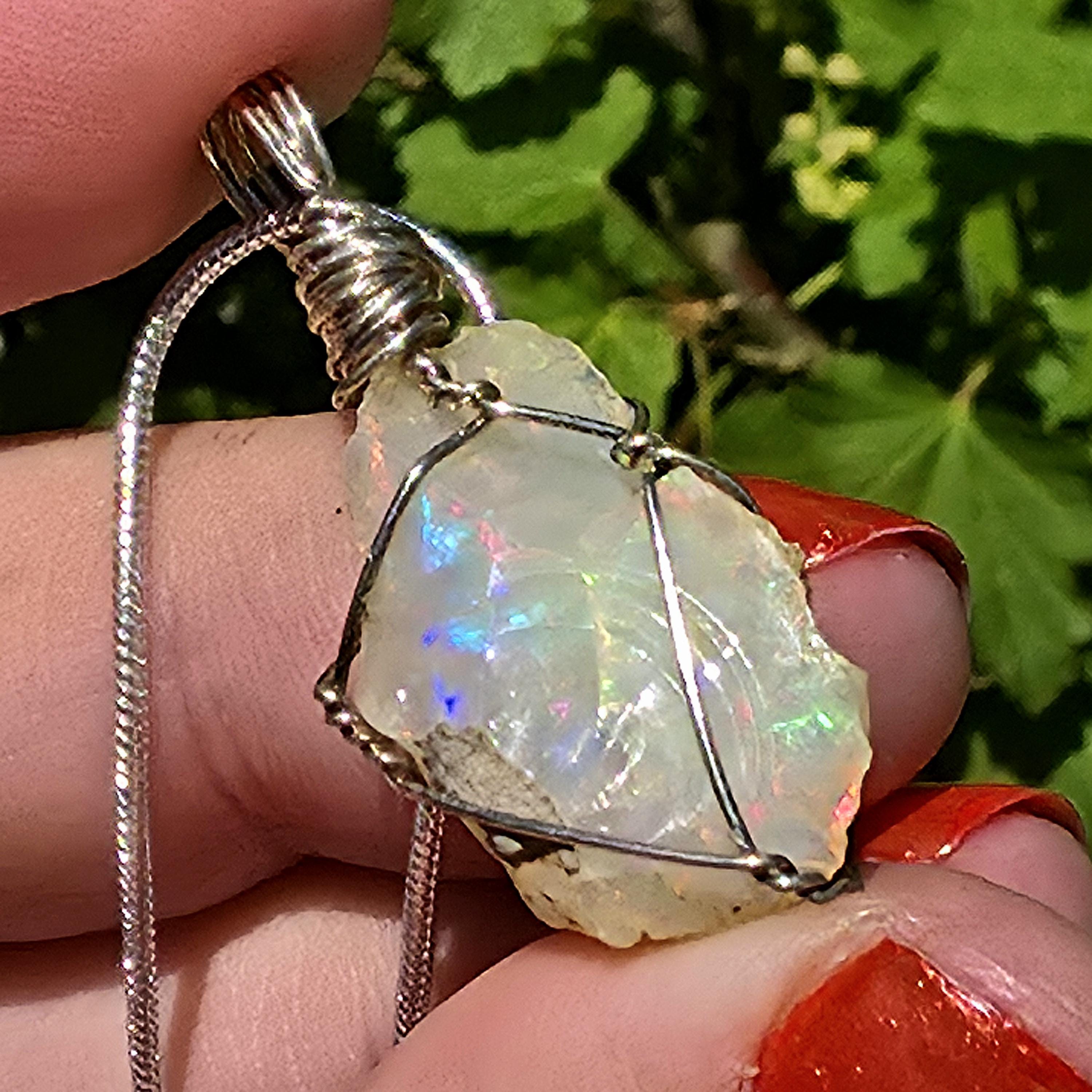 Raw Ethiopian Welo Opal Necklace | Wire Wrapped Opal Pendant | 925 Sterling Silver Chain | Natural Fire Opal Jewelry