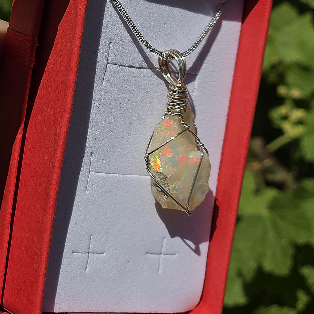 Raw Ethiopian Welo Opal Necklace | Wire Wrapped Opal Pendant | 925 Sterling Silver Chain | Natural Fire Opal Jewelry