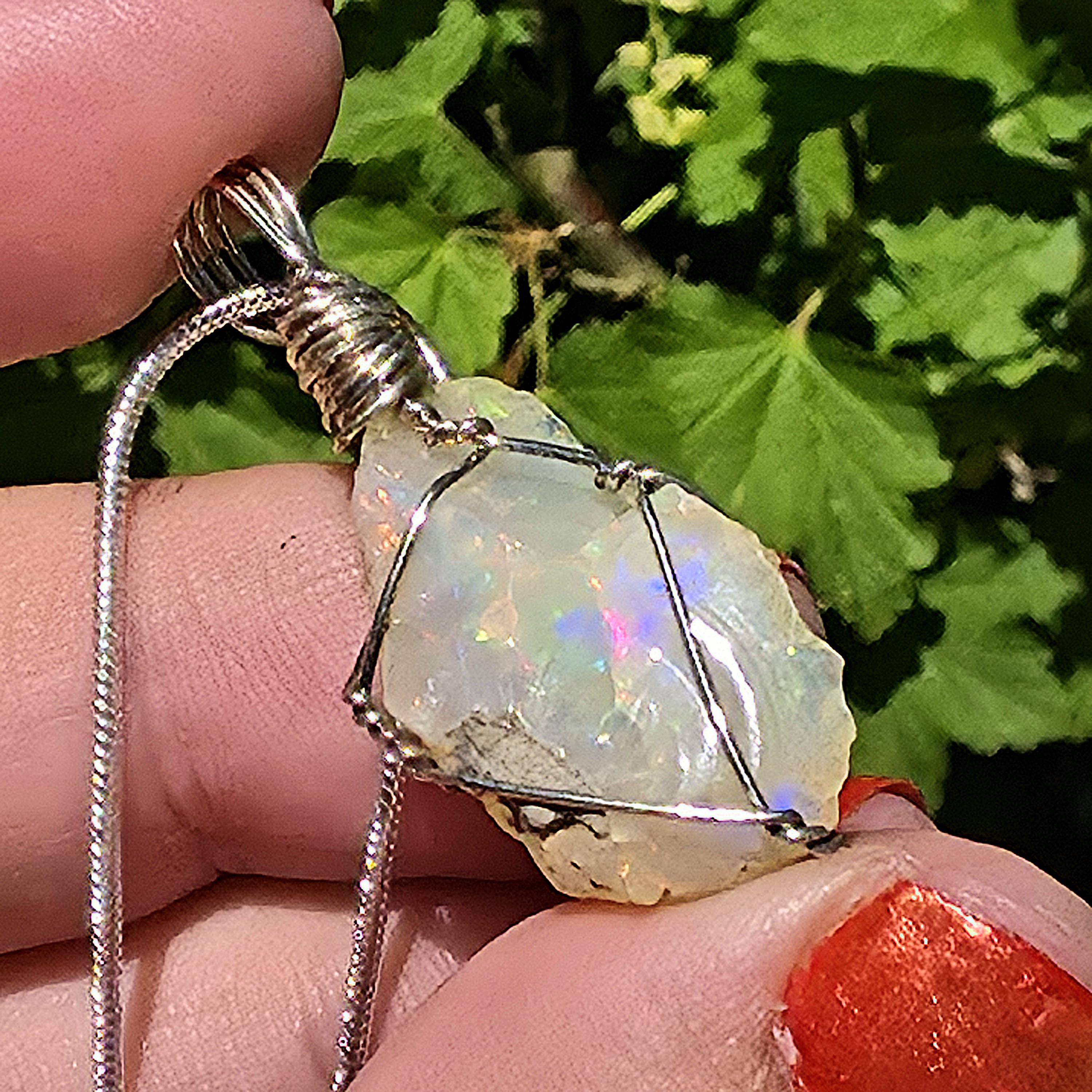 Raw Ethiopian Welo Opal Necklace | Wire Wrapped Opal Pendant | 925 Sterling Silver Chain | Natural Fire Opal Jewelry