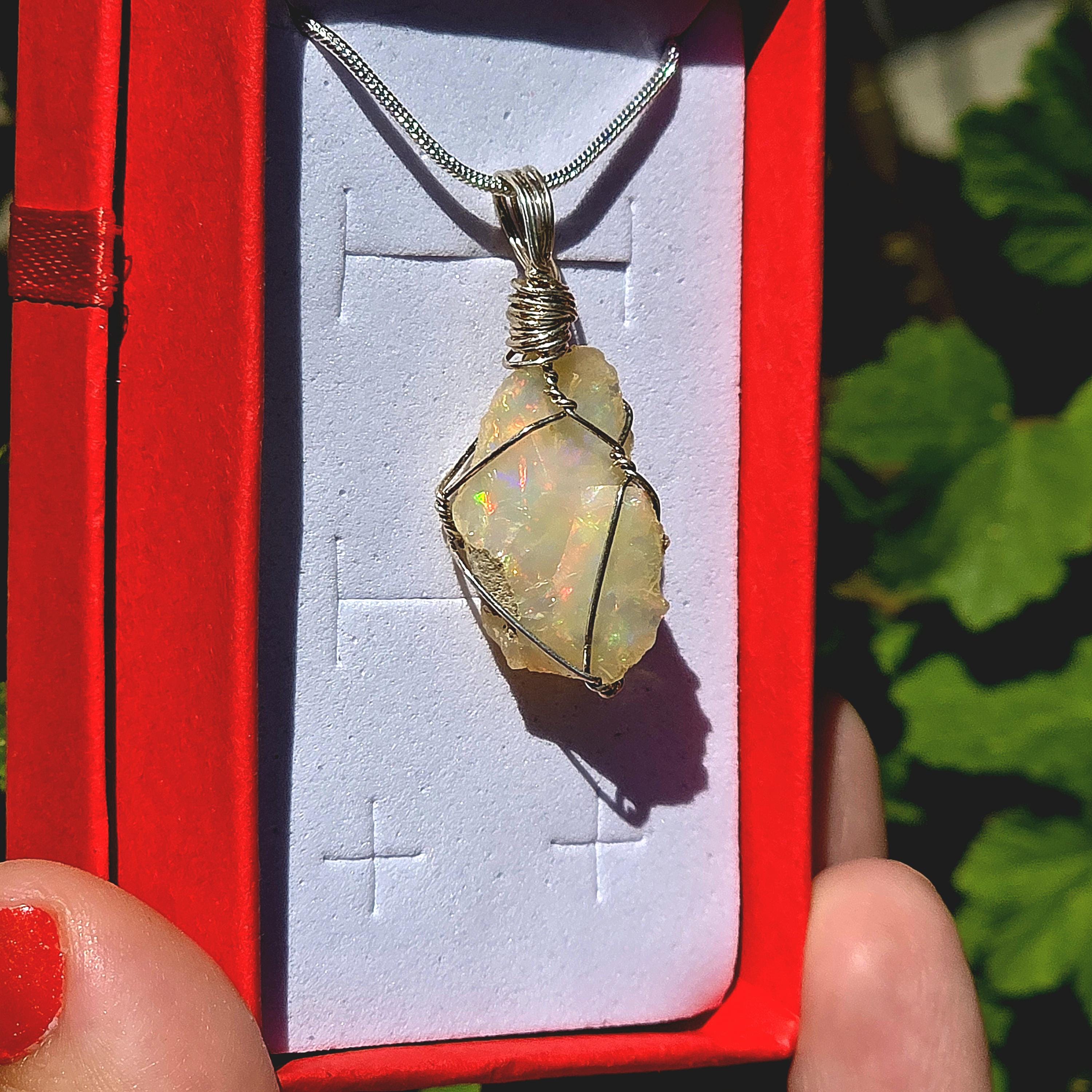 Raw Ethiopian Welo Opal Necklace | Wire Wrapped Opal Pendant | 925 Sterling Silver Chain | Natural Fire Opal Jewelry