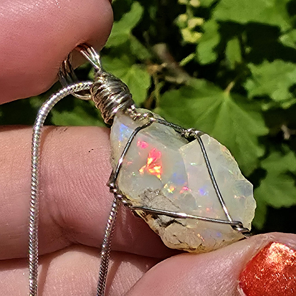 Raw Ethiopian Welo Opal Necklace | Wire Wrapped Opal Pendant | 925 Sterling Silver Chain | Natural Fire Opal Jewelry