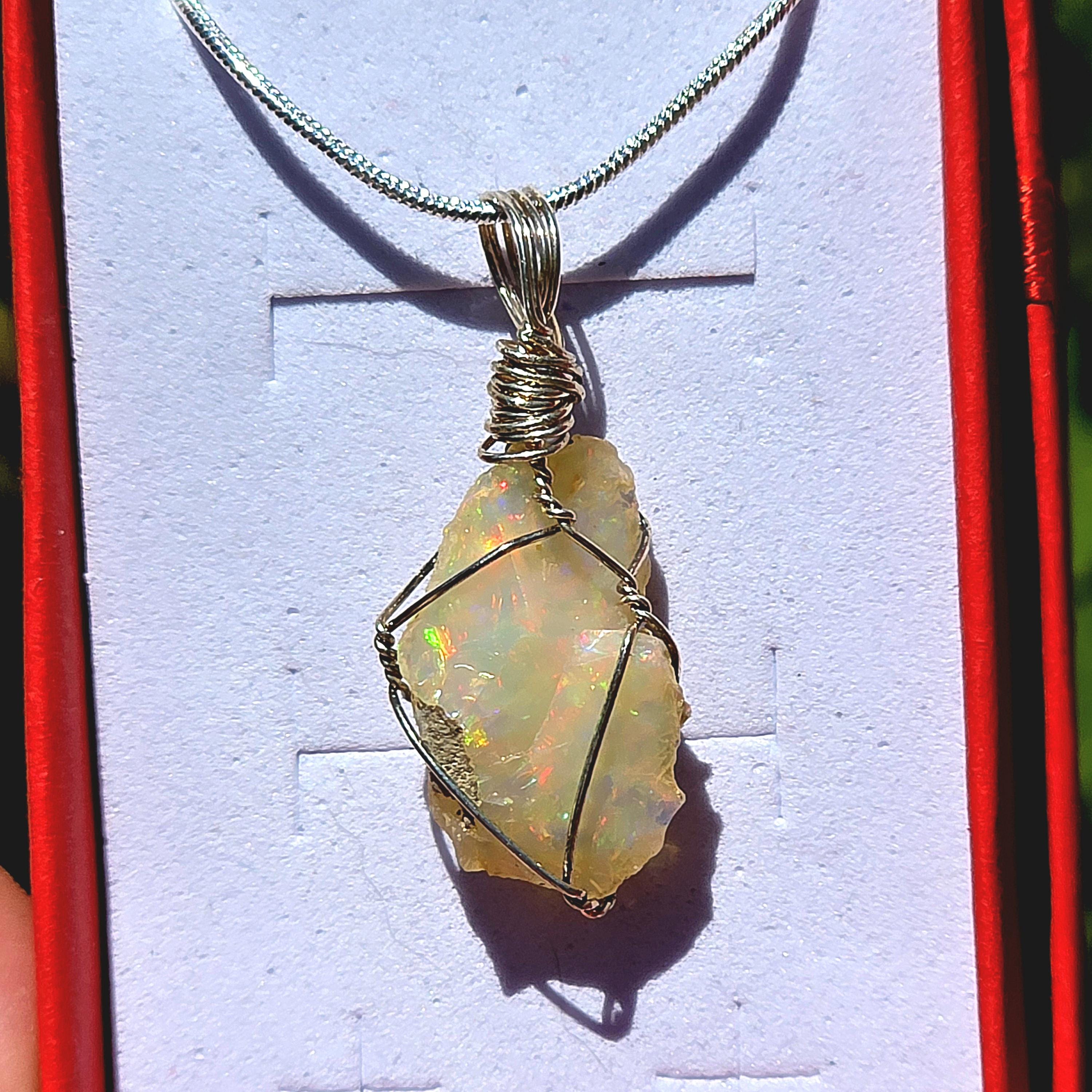 Raw Ethiopian Welo Opal Necklace | Wire Wrapped Opal Pendant | 925 Sterling Silver Chain | Natural Fire Opal Jewelry