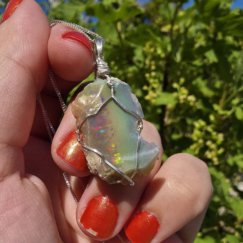 Raw Ethiopian Welo Opal Necklace | Wire Wrapped Pendant, Sterling Silver Chain
