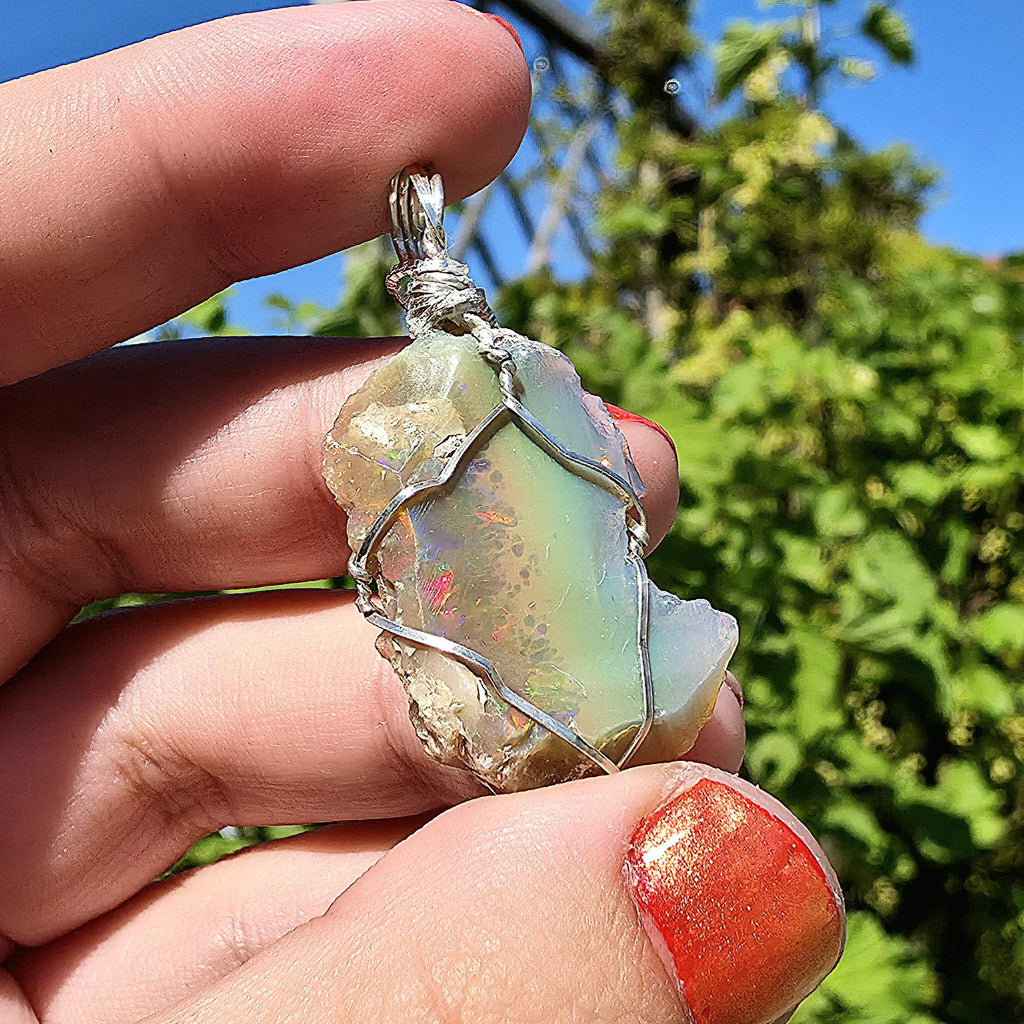 Raw Ethiopian Welo Opal Necklace | Wire Wrapped Pendant, Sterling Silver Chain