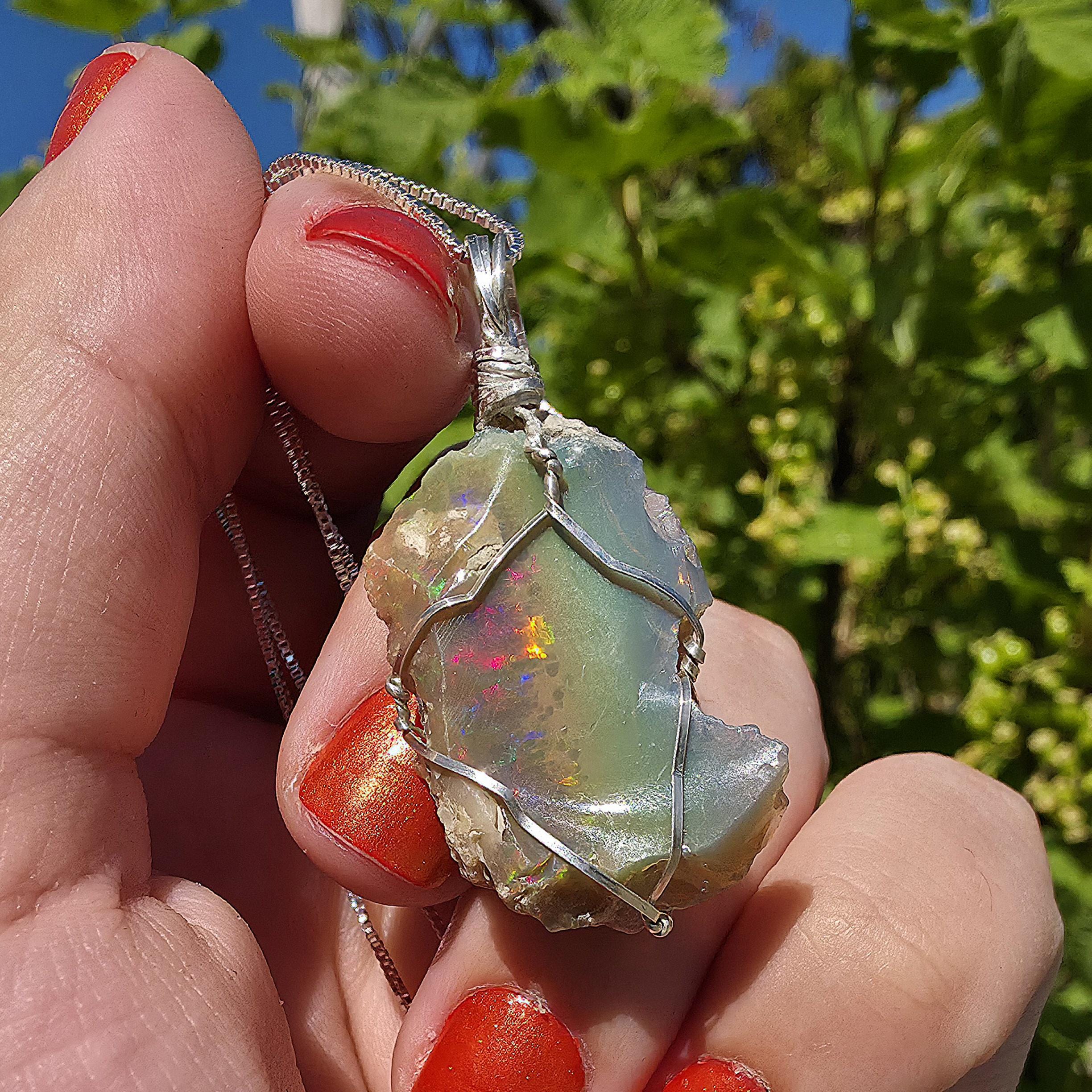 Raw Ethiopian Welo Opal Necklace | Wire Wrapped Pendant, Sterling Silver Chain