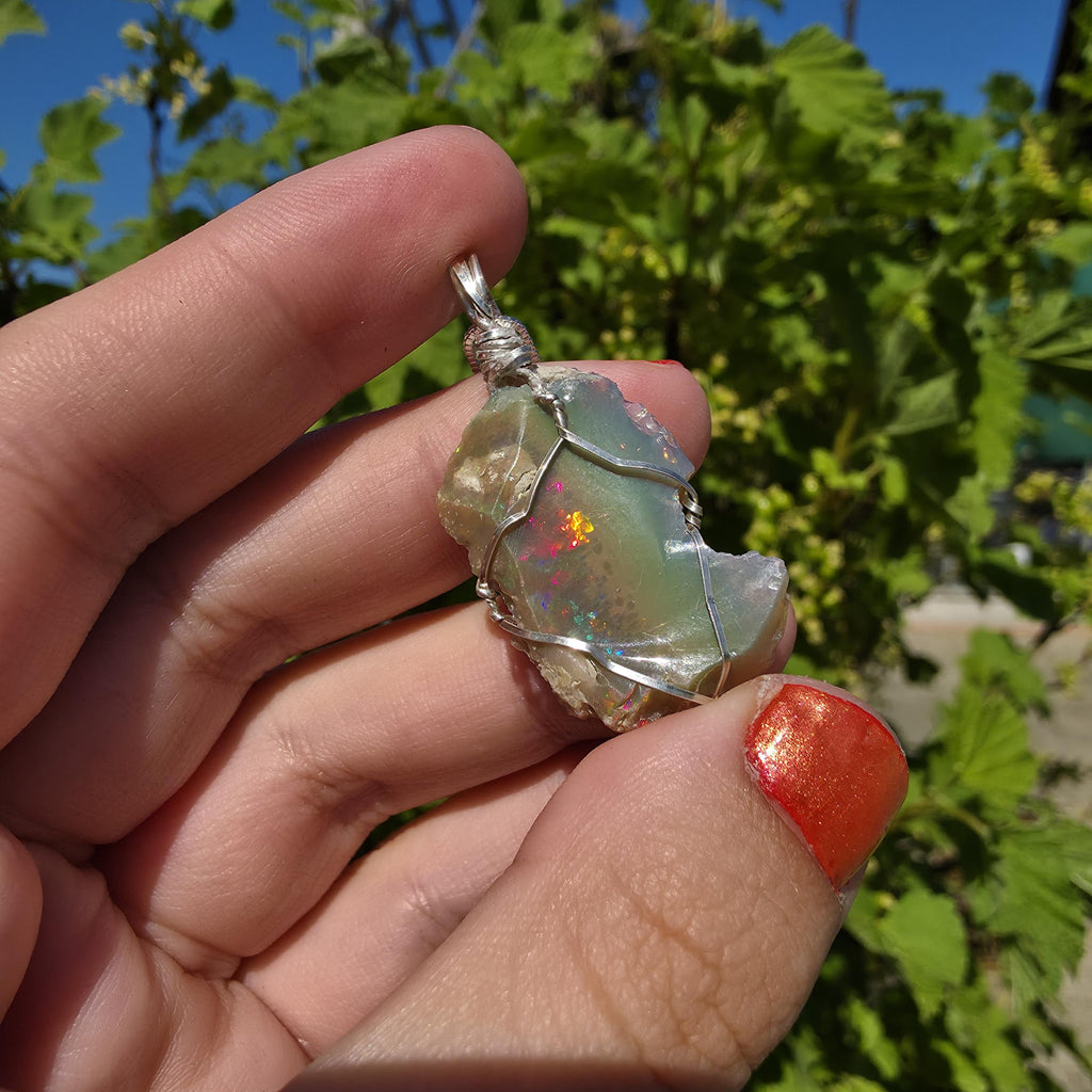 Raw Ethiopian Welo Opal Necklace | Wire Wrapped Pendant, Sterling Silver Chain