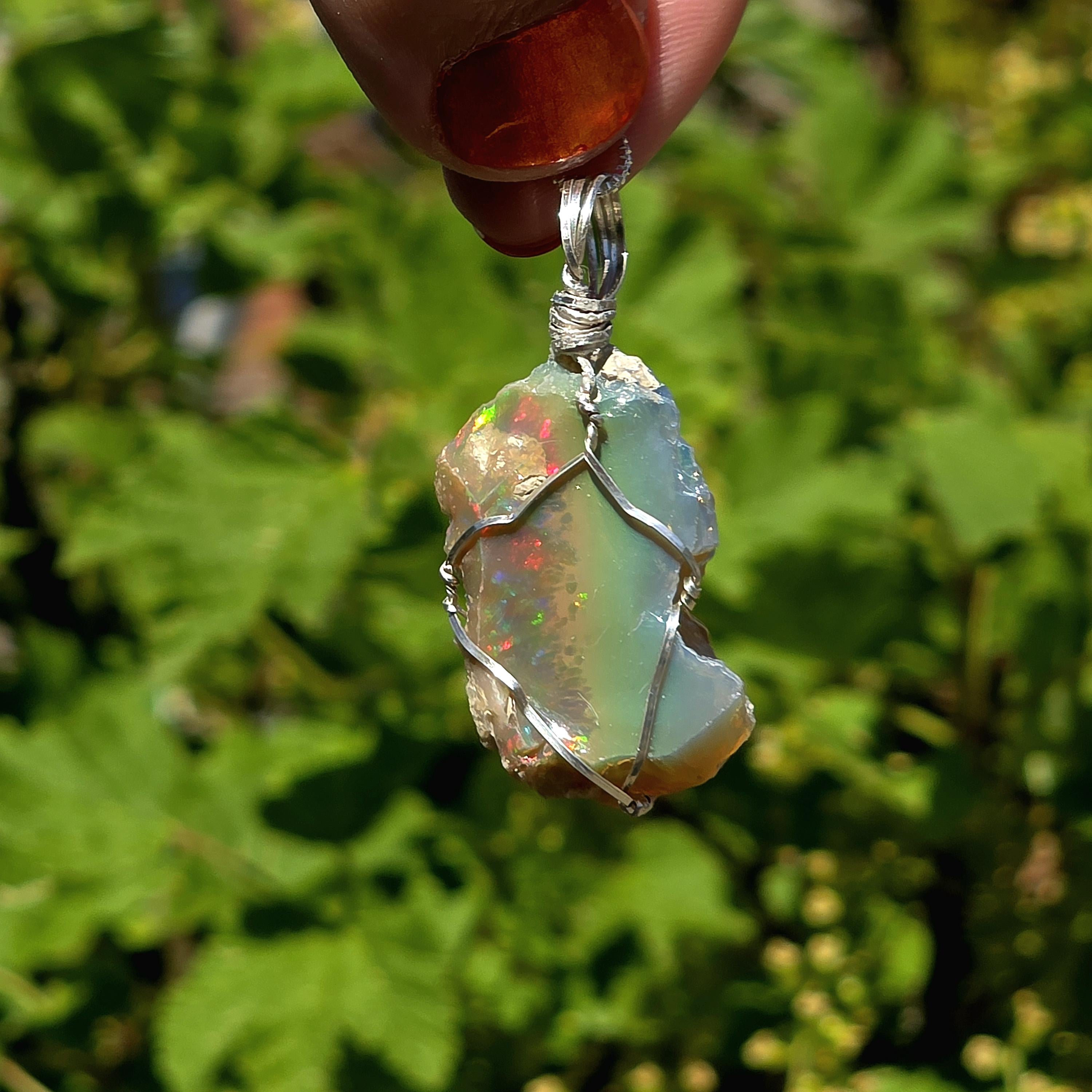 Raw Ethiopian Welo Opal Necklace | Wire Wrapped Pendant, Sterling Silver Chain