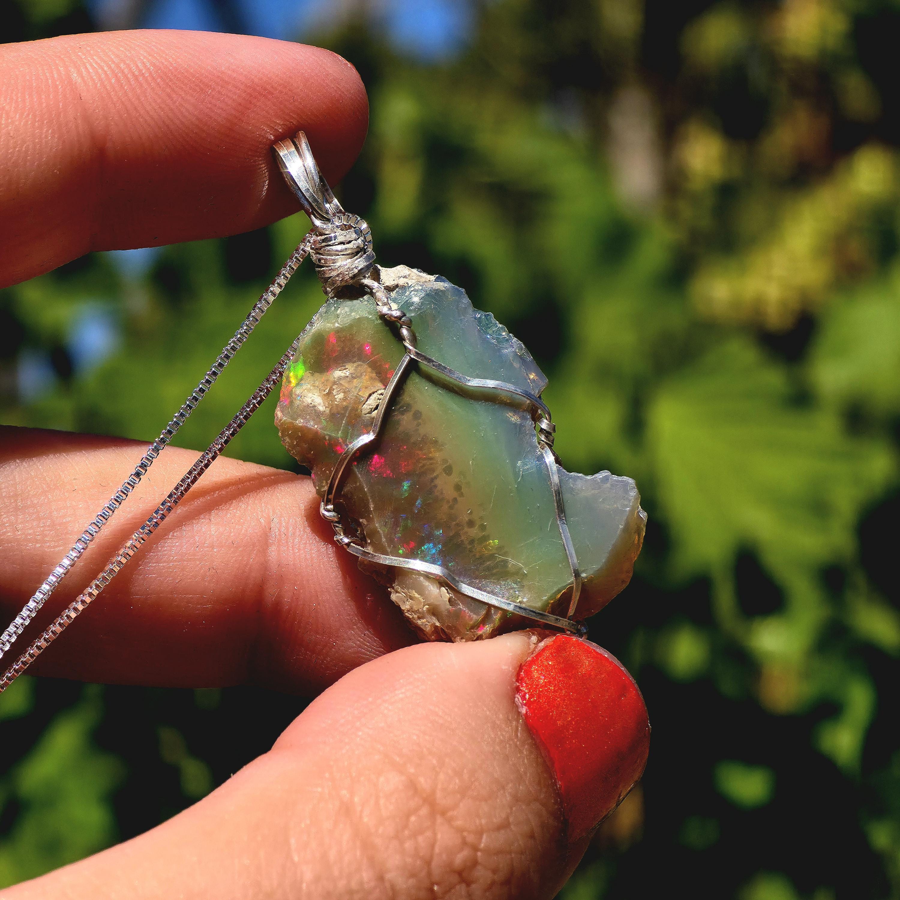 Raw Ethiopian Welo Opal Necklace | Wire Wrapped Pendant, Sterling Silver Chain