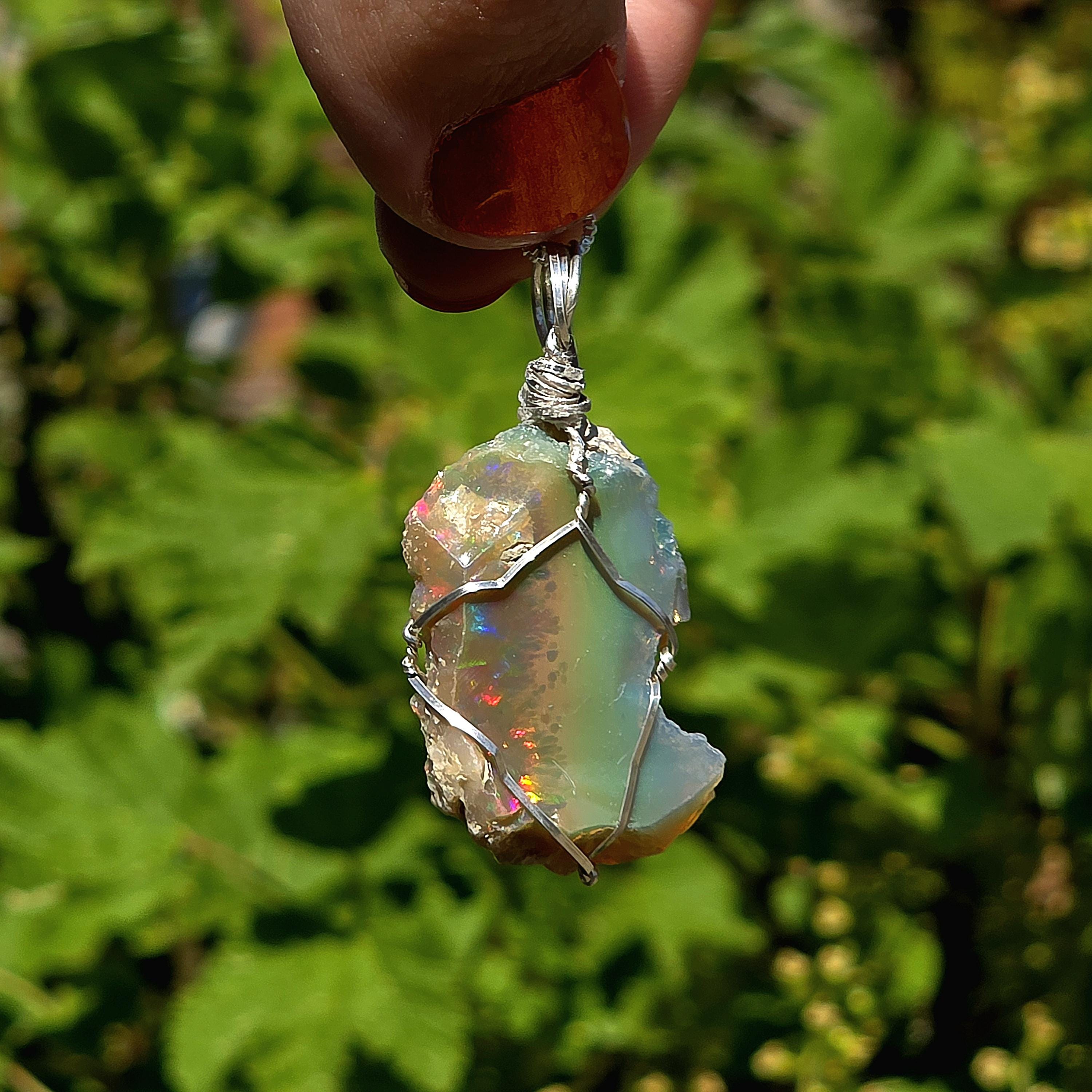 Raw Ethiopian Welo Opal Necklace | Wire Wrapped Pendant, Sterling Silver Chain