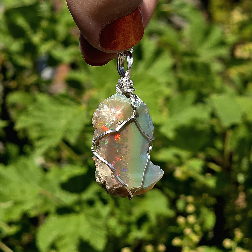 Raw Ethiopian Welo Opal Necklace | Wire Wrapped Pendant, Sterling Silver Chain