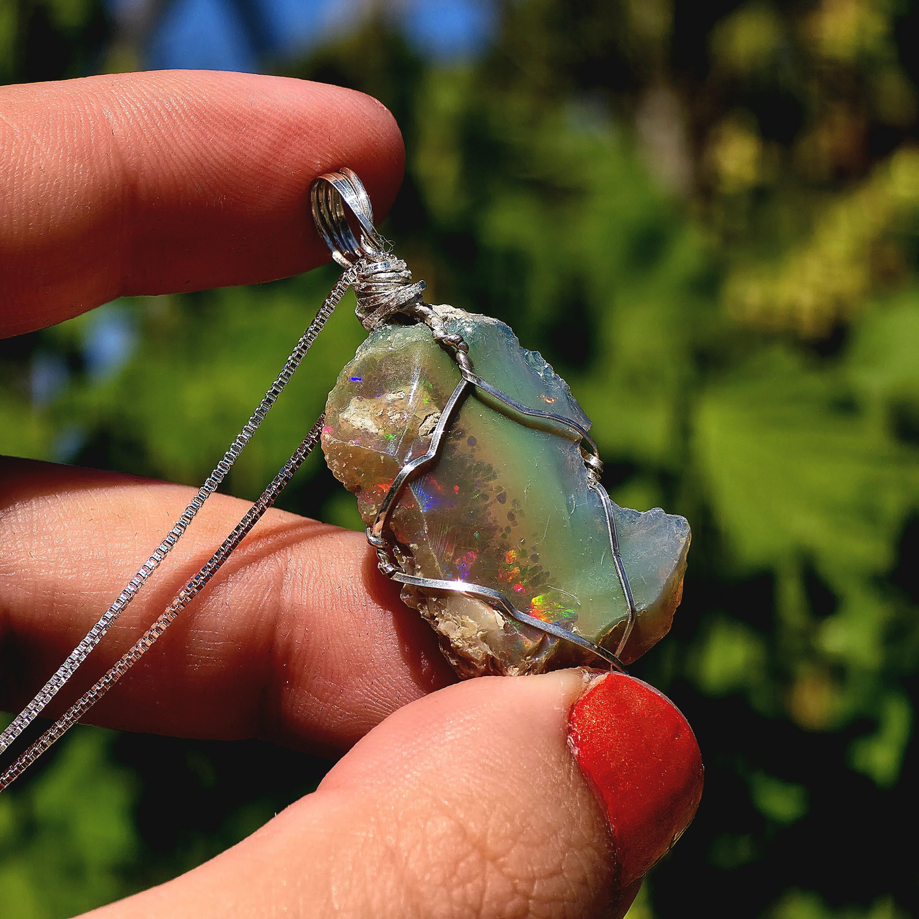 Raw Ethiopian Welo Opal Necklace | Wire Wrapped Pendant, Sterling Silver Chain