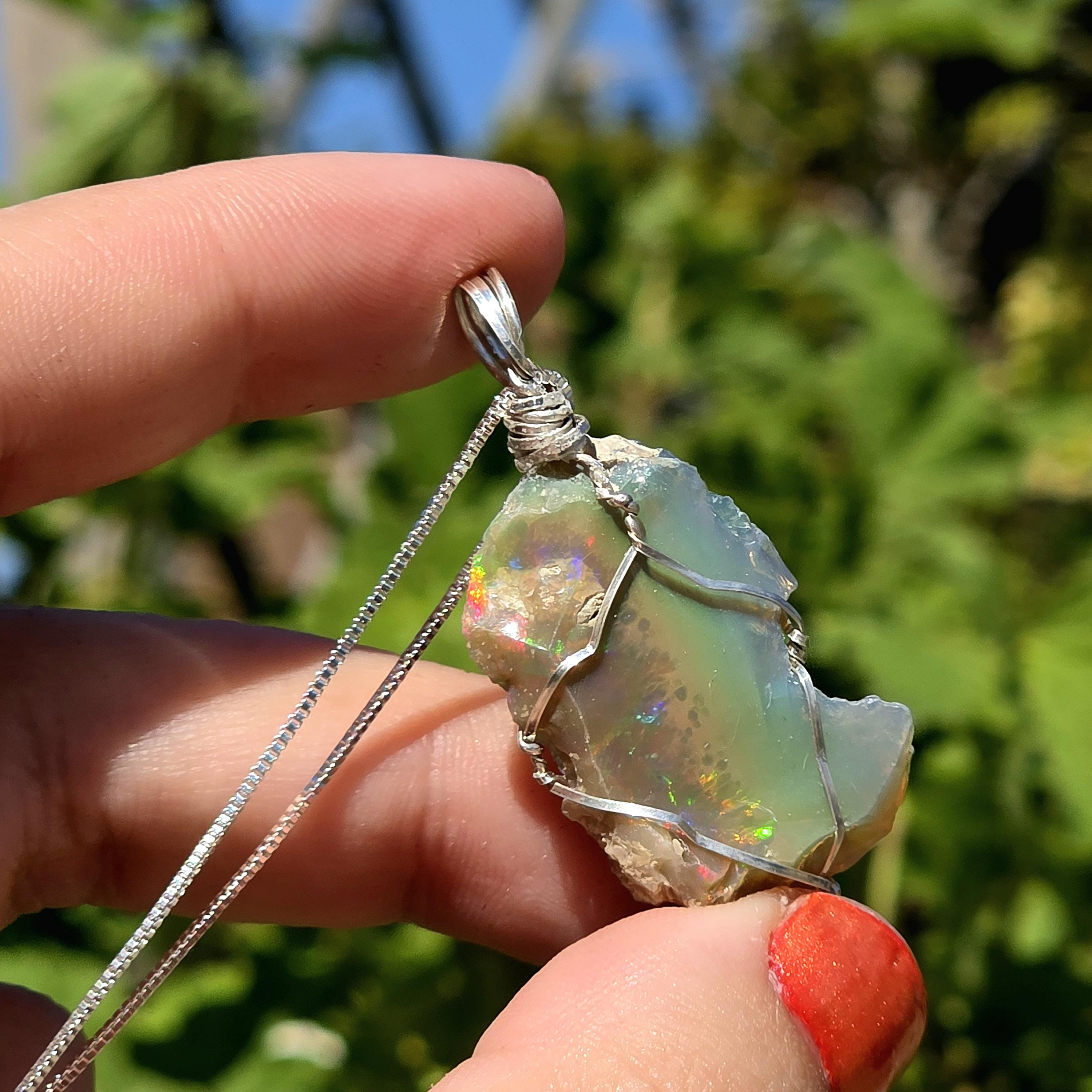 Raw Ethiopian Welo Opal Necklace | Wire Wrapped Pendant, Sterling Silver Chain
