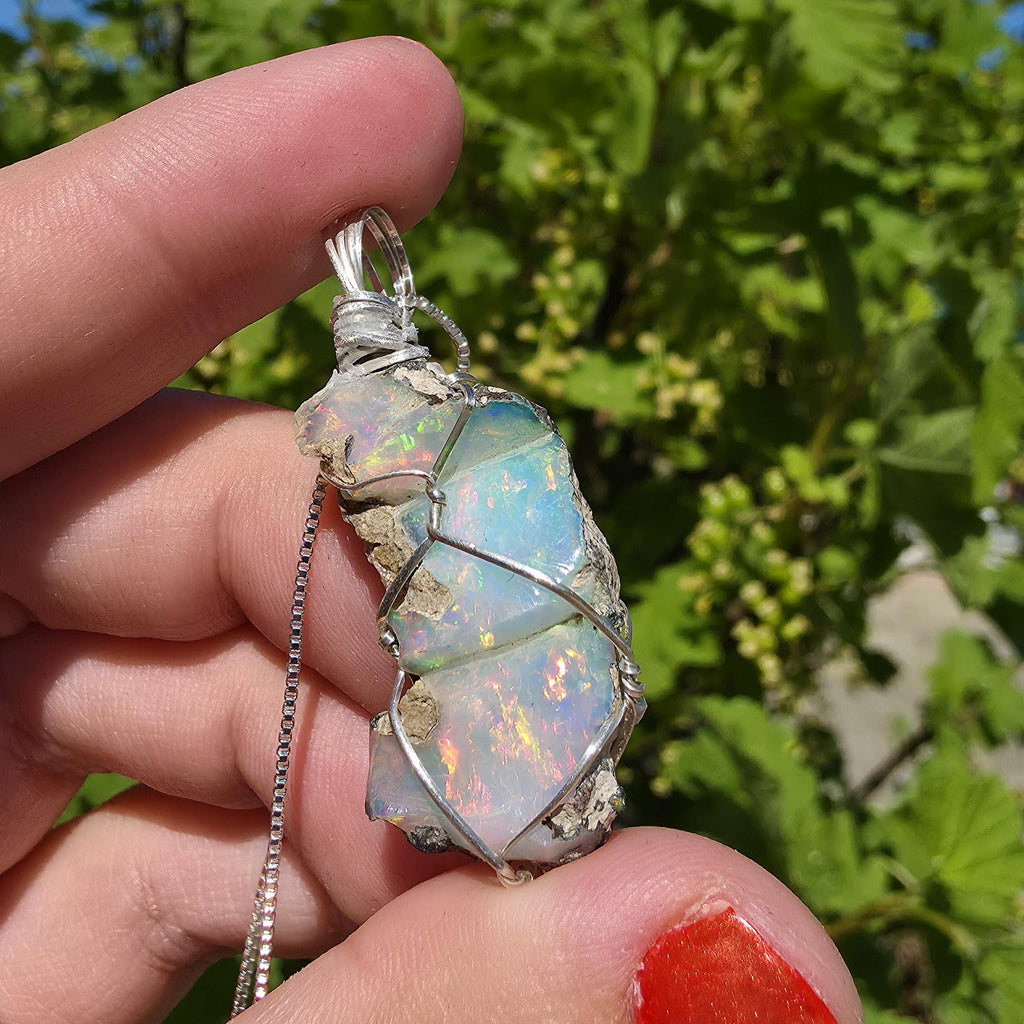 Raw Ethiopian Welo Opal Necklace | Wire Wrapped Pendant, 925 Sterling Silver Chain
