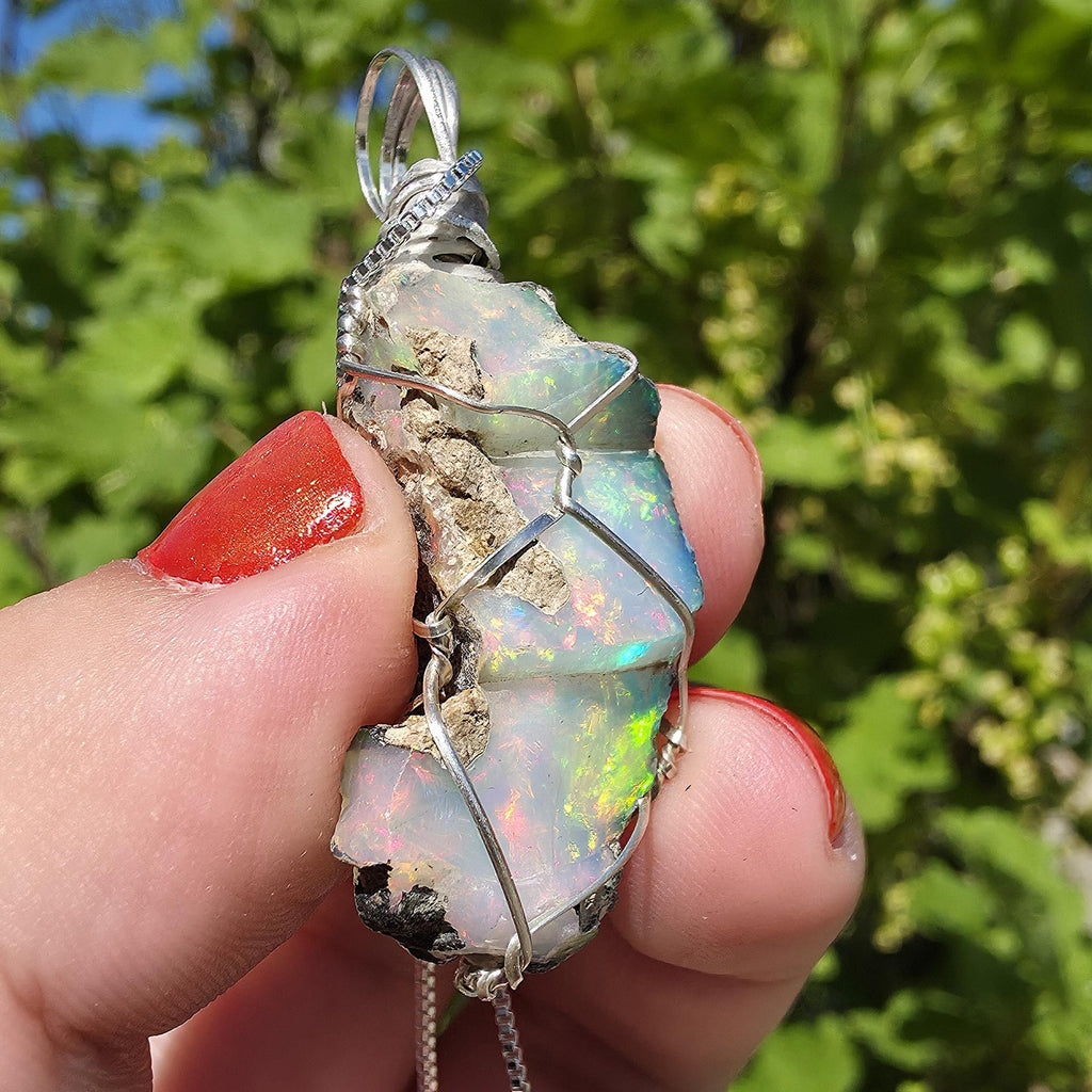 Raw Ethiopian Welo Opal Necklace | Wire Wrapped Pendant, 925 Sterling Silver Chain