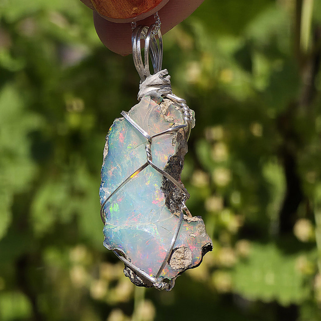 Raw Ethiopian Welo Opal Necklace | Wire Wrapped Pendant, 925 Sterling Silver Chain