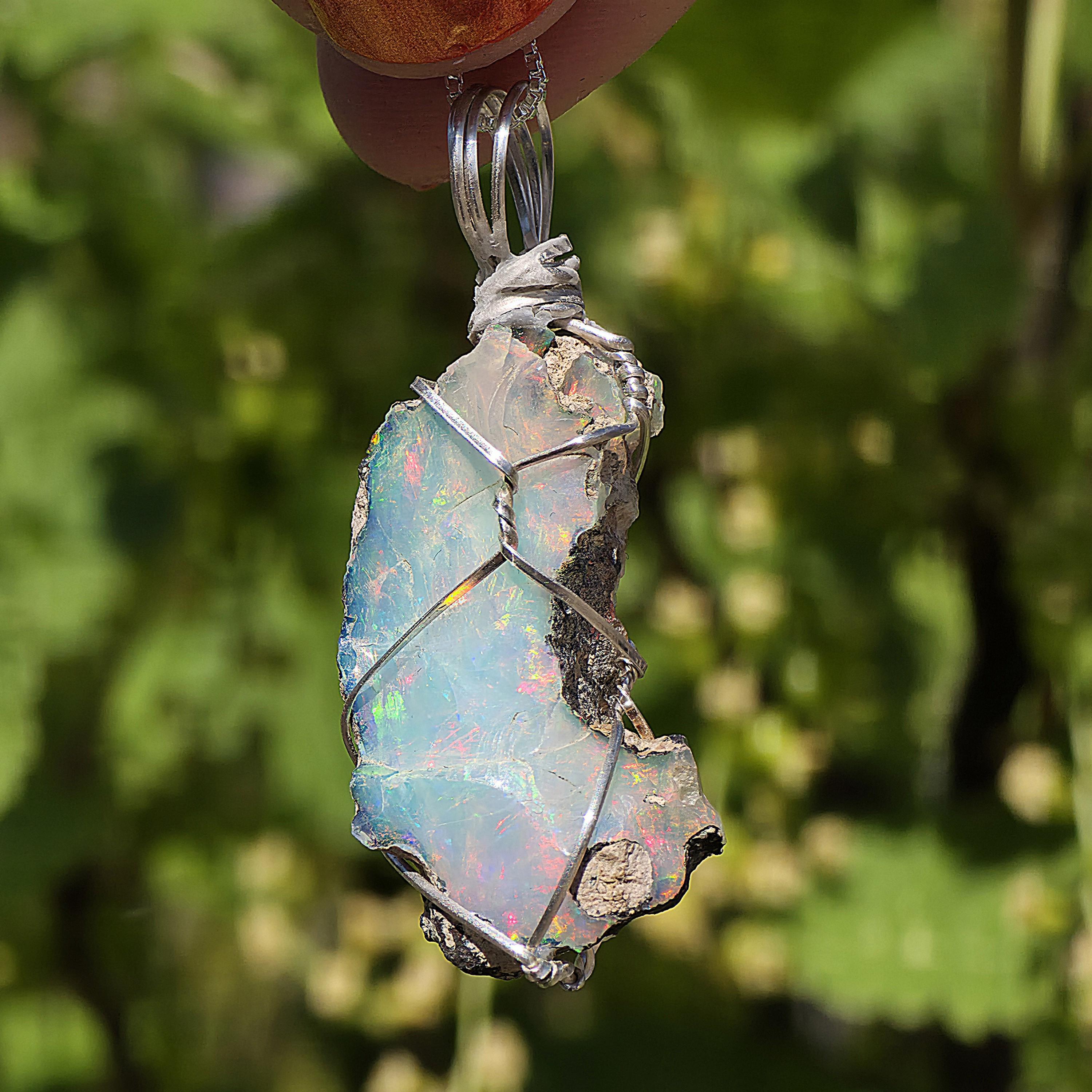 Raw Ethiopian Welo Opal Necklace | Wire Wrapped Pendant, 925 Sterling Silver Chain
