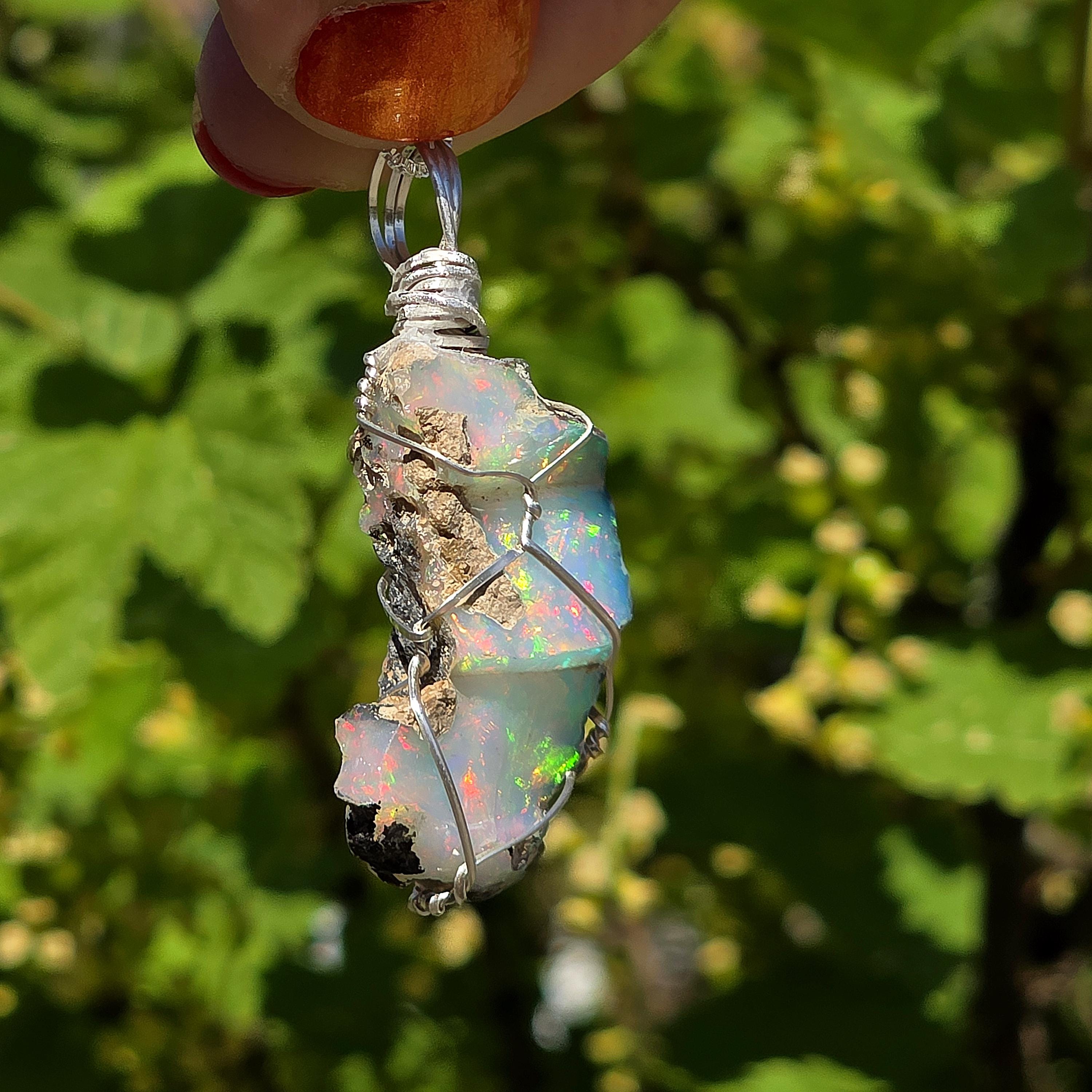 Raw Ethiopian Welo Opal Necklace | Wire Wrapped Pendant, 925 Sterling Silver Chain