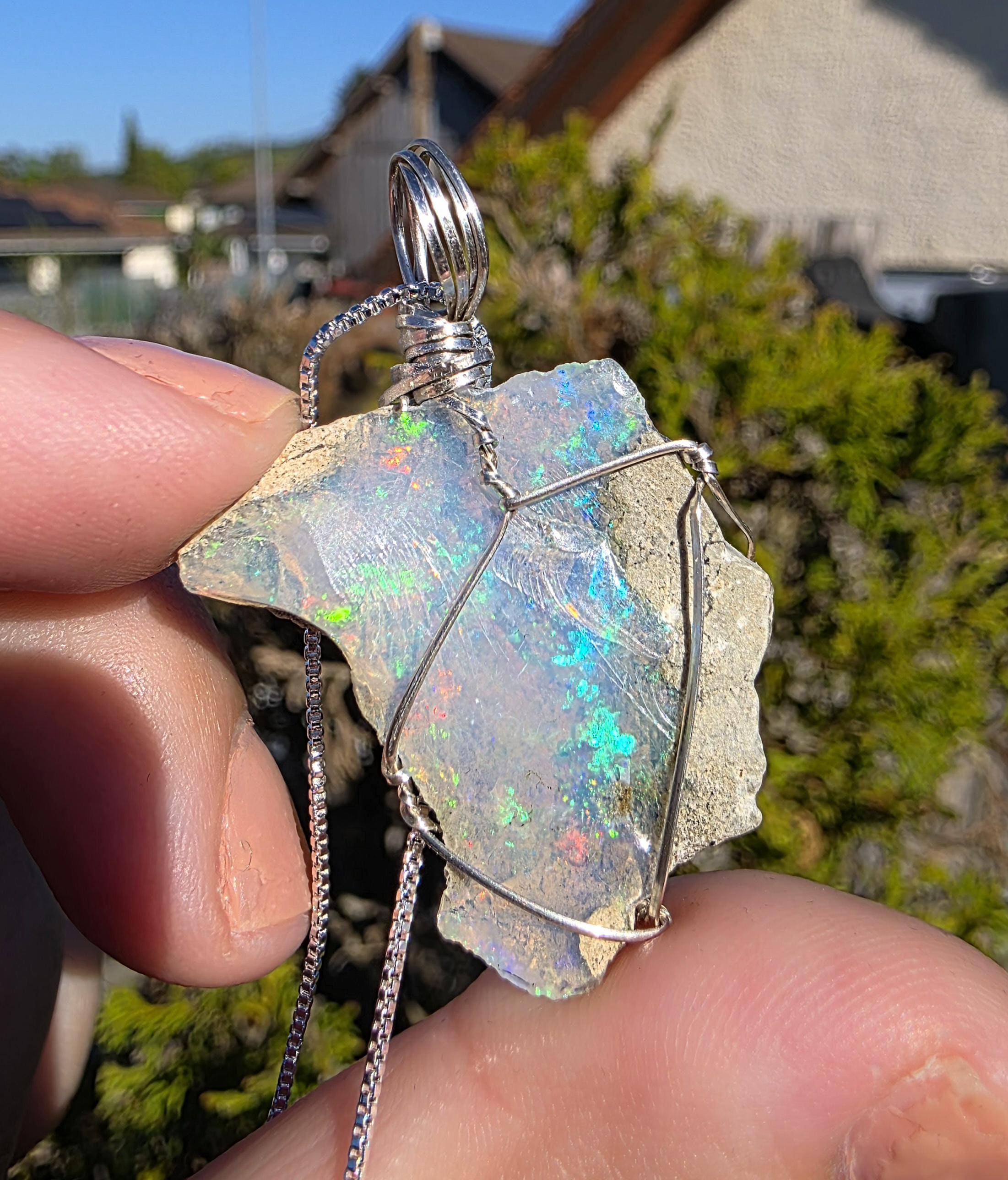 Raw Ethiopian Welo Opal Necklace | Wire Wrapped Pendant, 925 Sterling Silver Chain