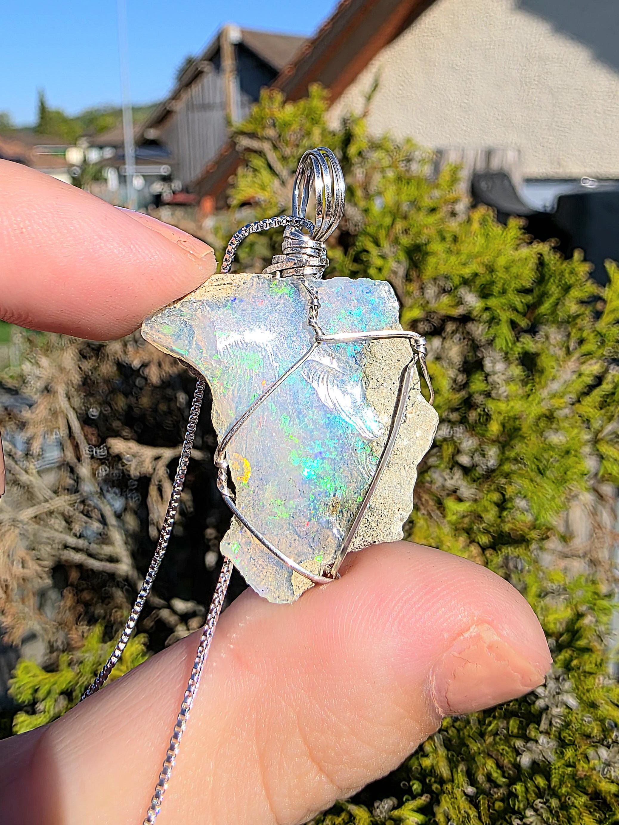 Raw Ethiopian Welo Opal Necklace | Wire Wrapped Pendant, 925 Sterling Silver Chain