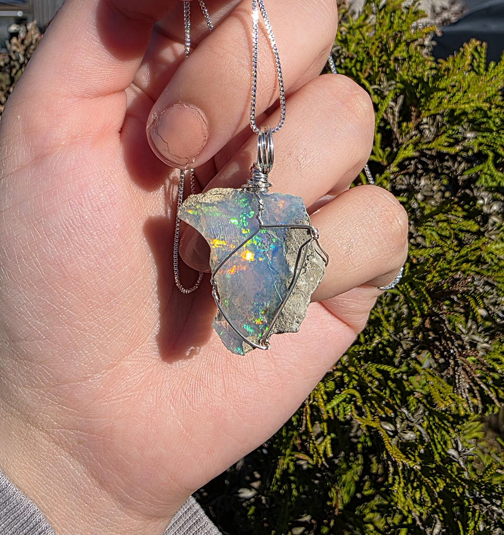 Raw Ethiopian Welo Opal Necklace | Wire Wrapped Pendant, 925 Sterling Silver Chain