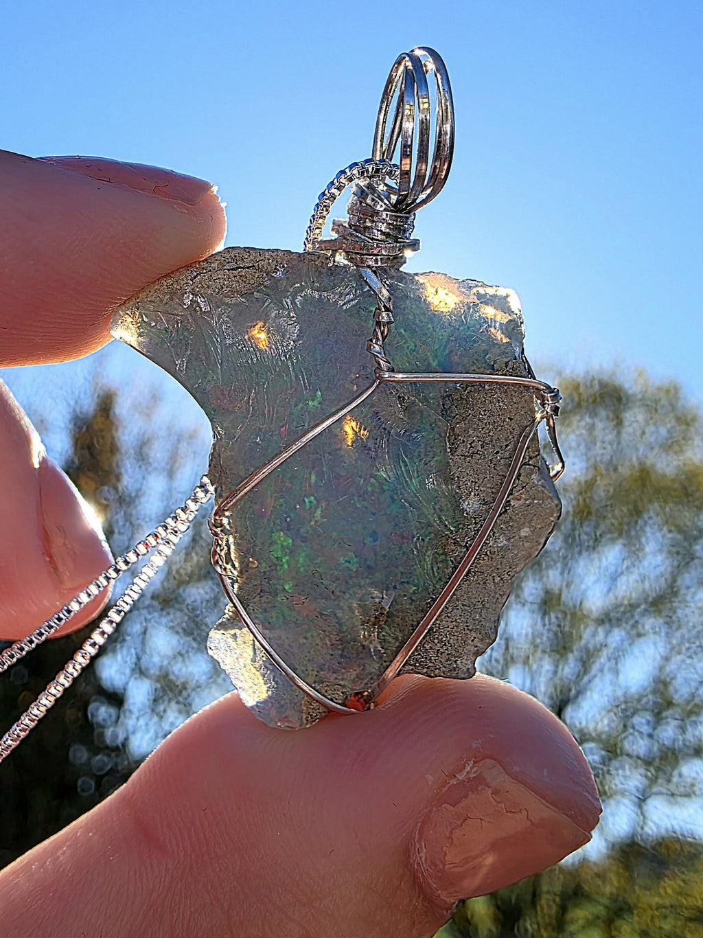 Raw Ethiopian Welo Opal Necklace | Wire Wrapped Pendant, 925 Sterling Silver Chain