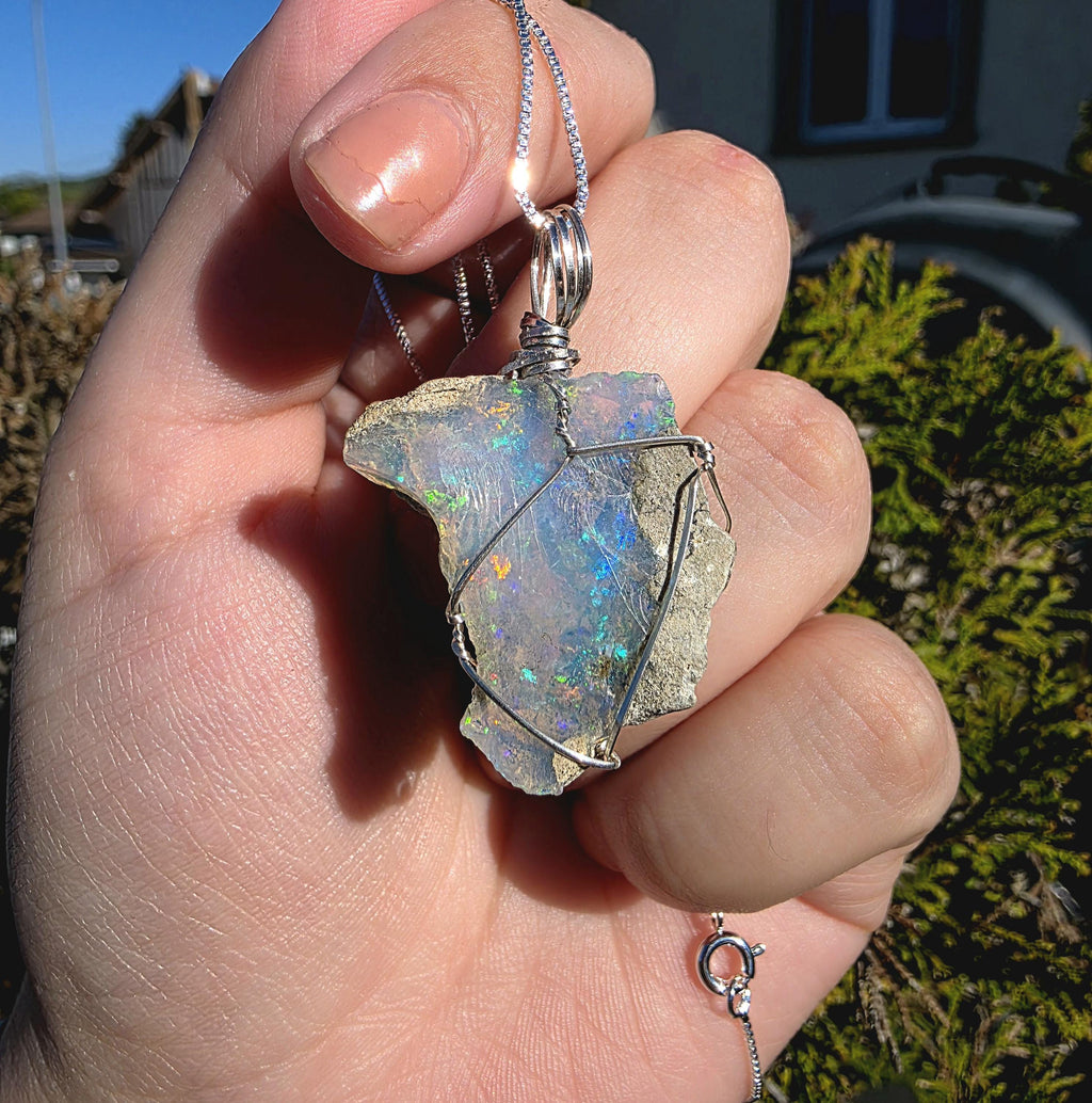 Raw Ethiopian Welo Opal Necklace | Wire Wrapped Pendant, 925 Sterling Silver Chain