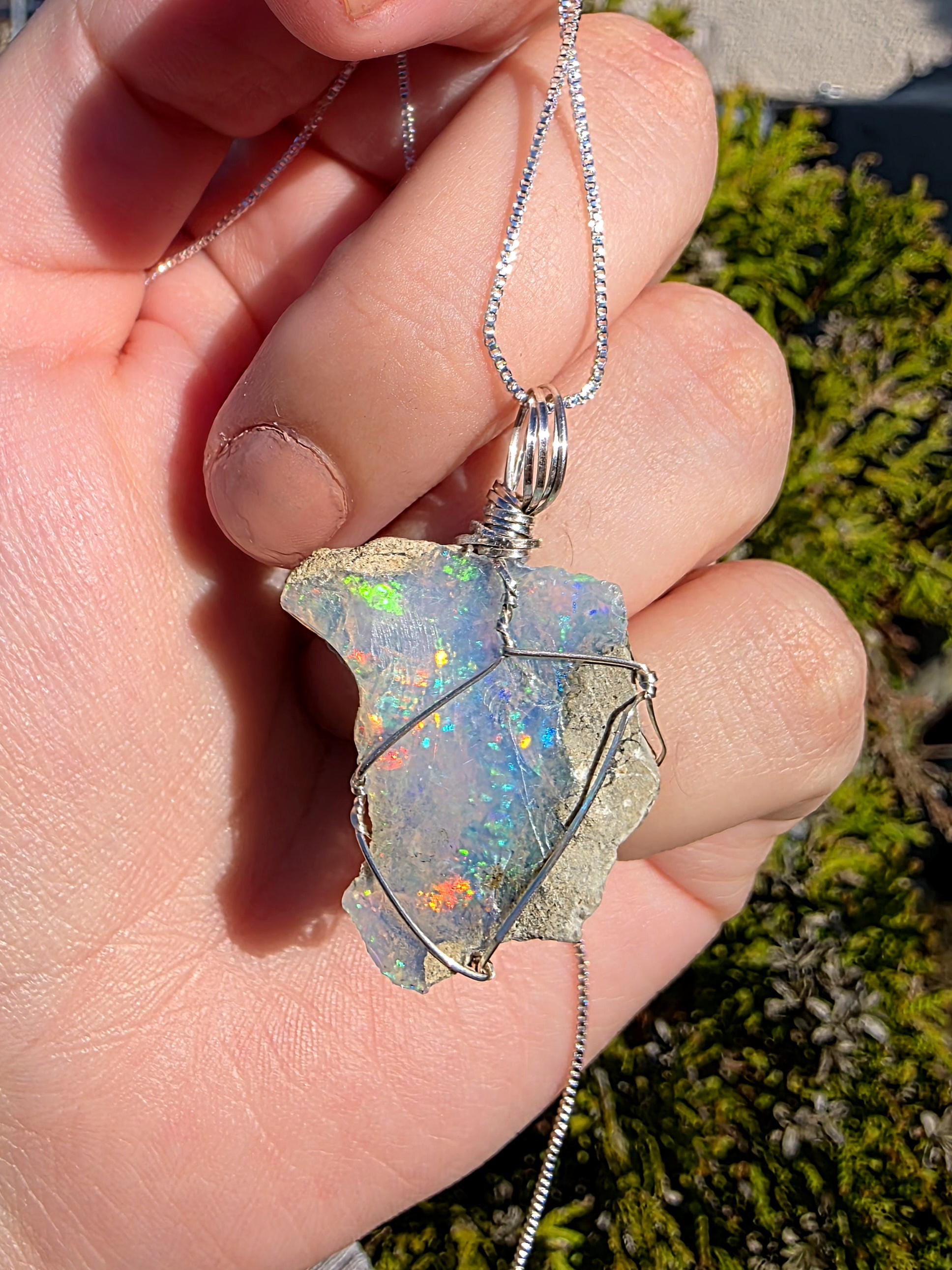 Raw Ethiopian Welo Opal Necklace | Wire Wrapped Pendant, 925 Sterling Silver Chain