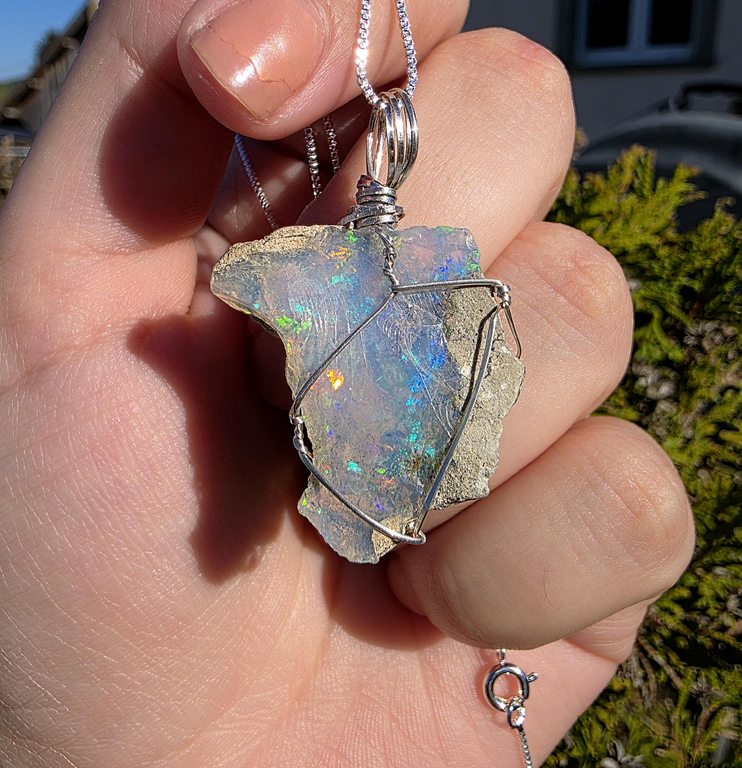 Raw Ethiopian Welo Opal Necklace | Wire Wrapped Pendant, 925 Sterling Silver Chain