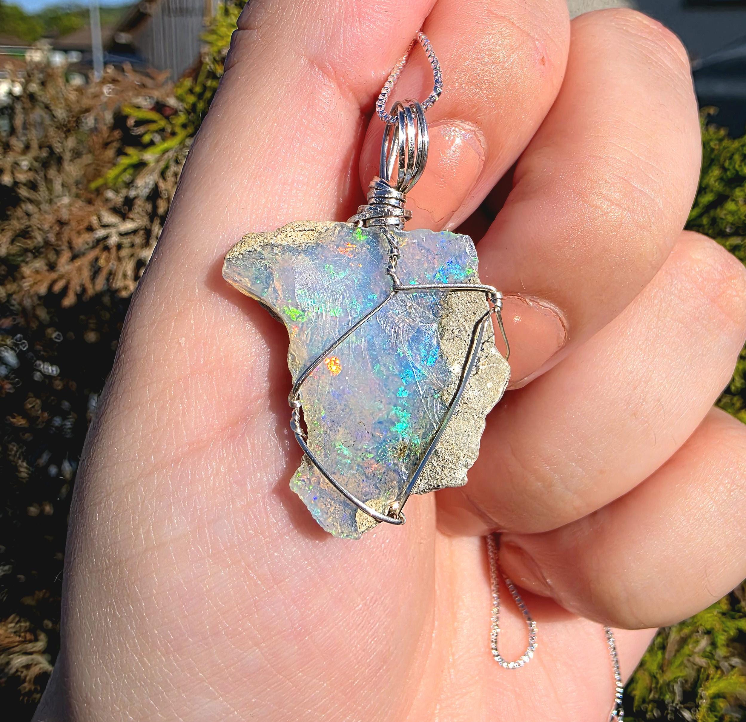 Raw Ethiopian Welo Opal Necklace | Wire Wrapped Pendant, 925 Sterling Silver Chain
