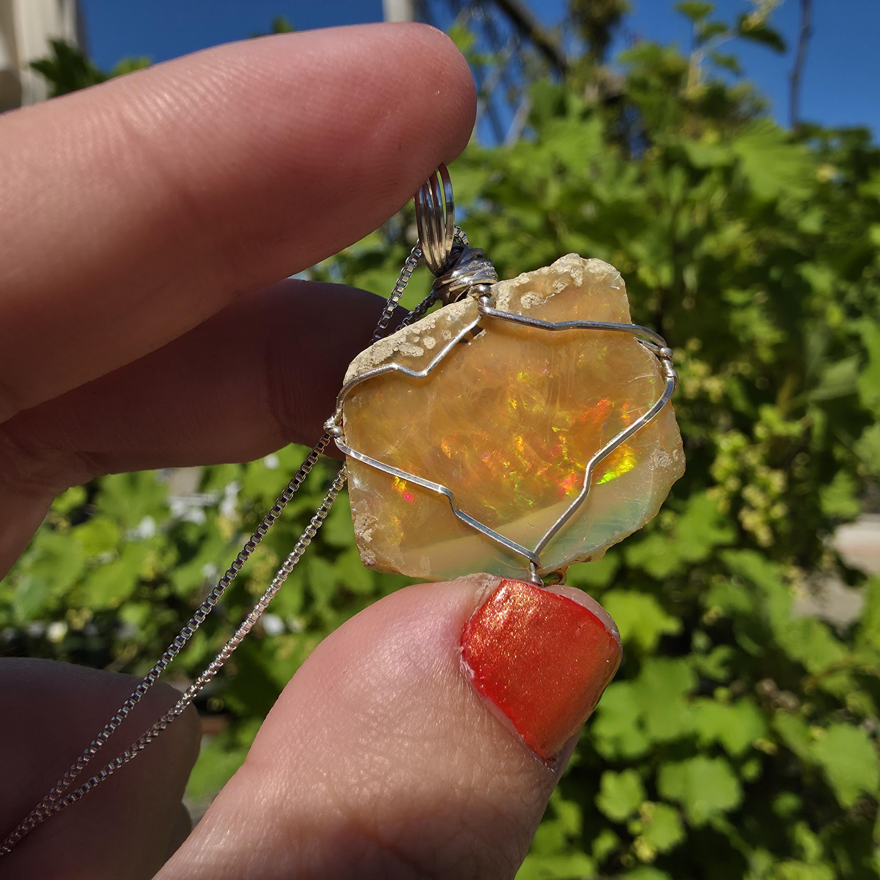Raw Ethiopian Welo Opal Necklace | Wire Wrapped Pendant, 925 Sterling Silver Chain