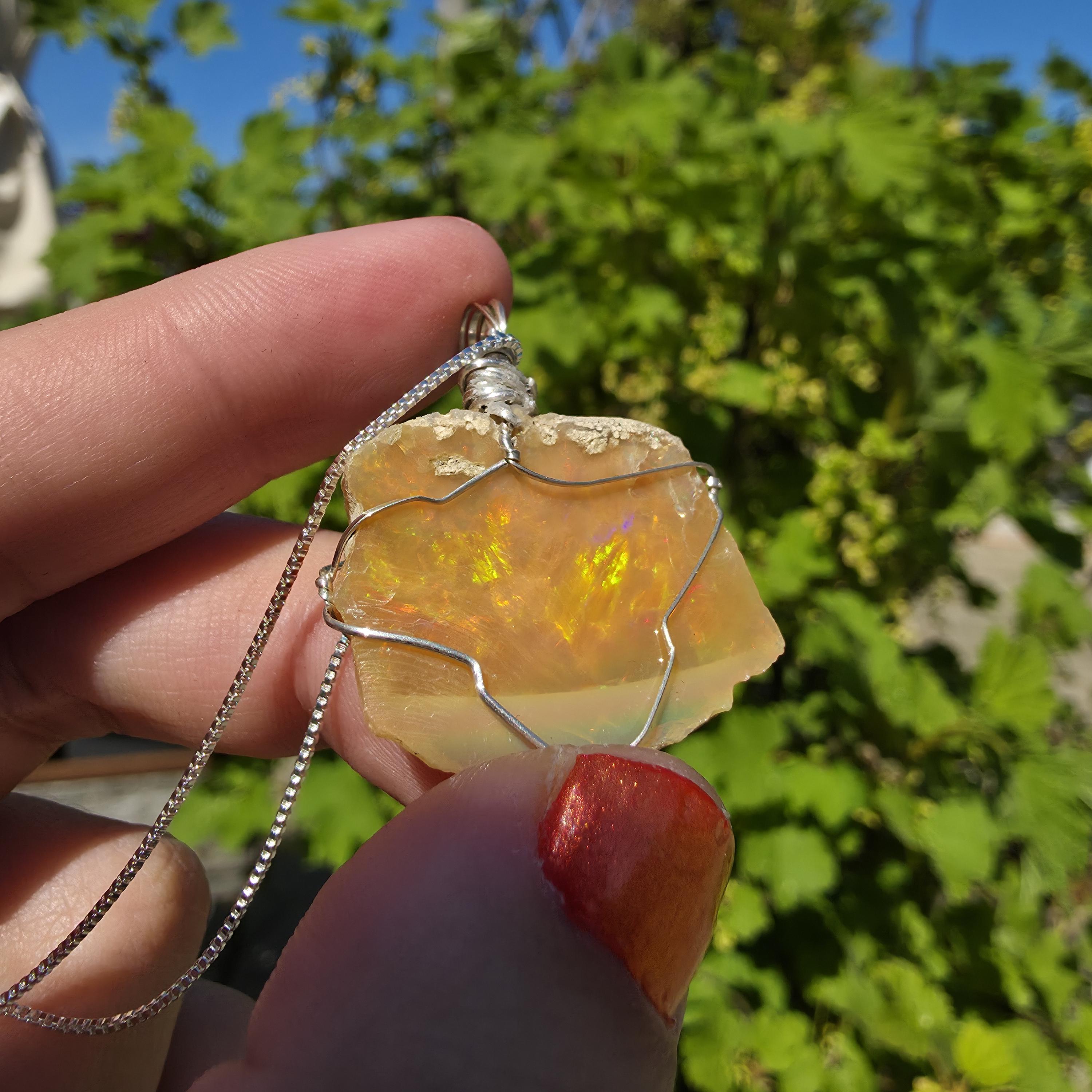 Raw Ethiopian Welo Opal Necklace | Wire Wrapped Pendant, 925 Sterling Silver Chain