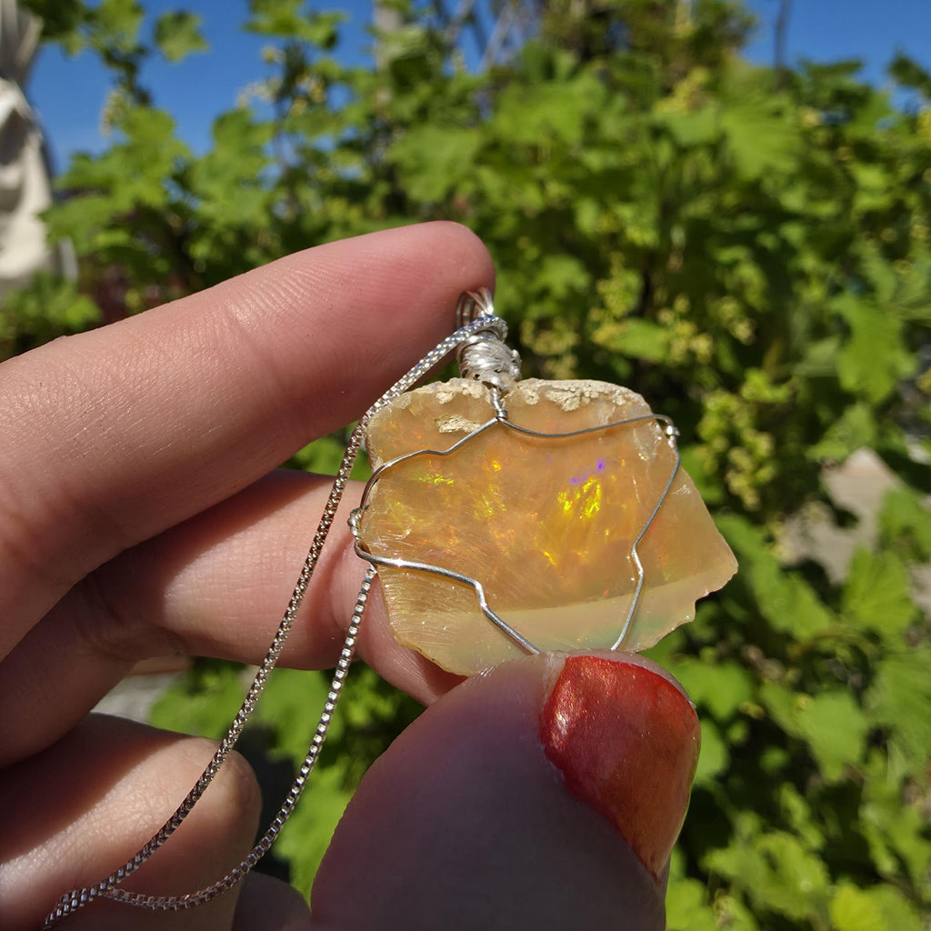 Raw Ethiopian Welo Opal Necklace | Wire Wrapped Pendant, 925 Sterling Silver Chain
