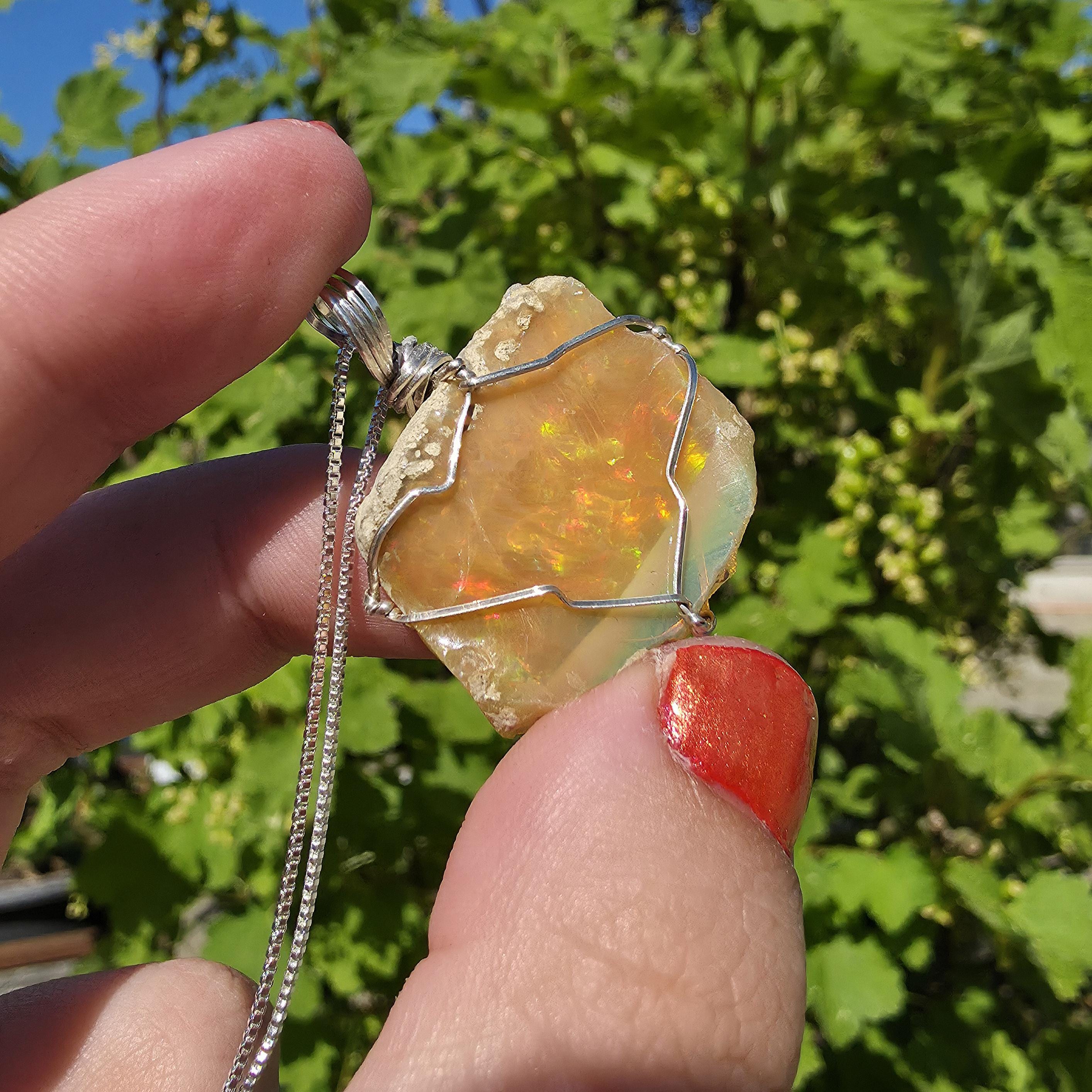 Raw Ethiopian Welo Opal Necklace | Wire Wrapped Pendant, 925 Sterling Silver Chain
