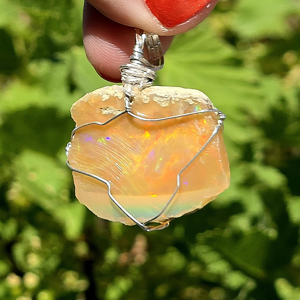 Raw Ethiopian Welo Opal Necklace | Wire Wrapped Pendant, 925 Sterling Silver Chain