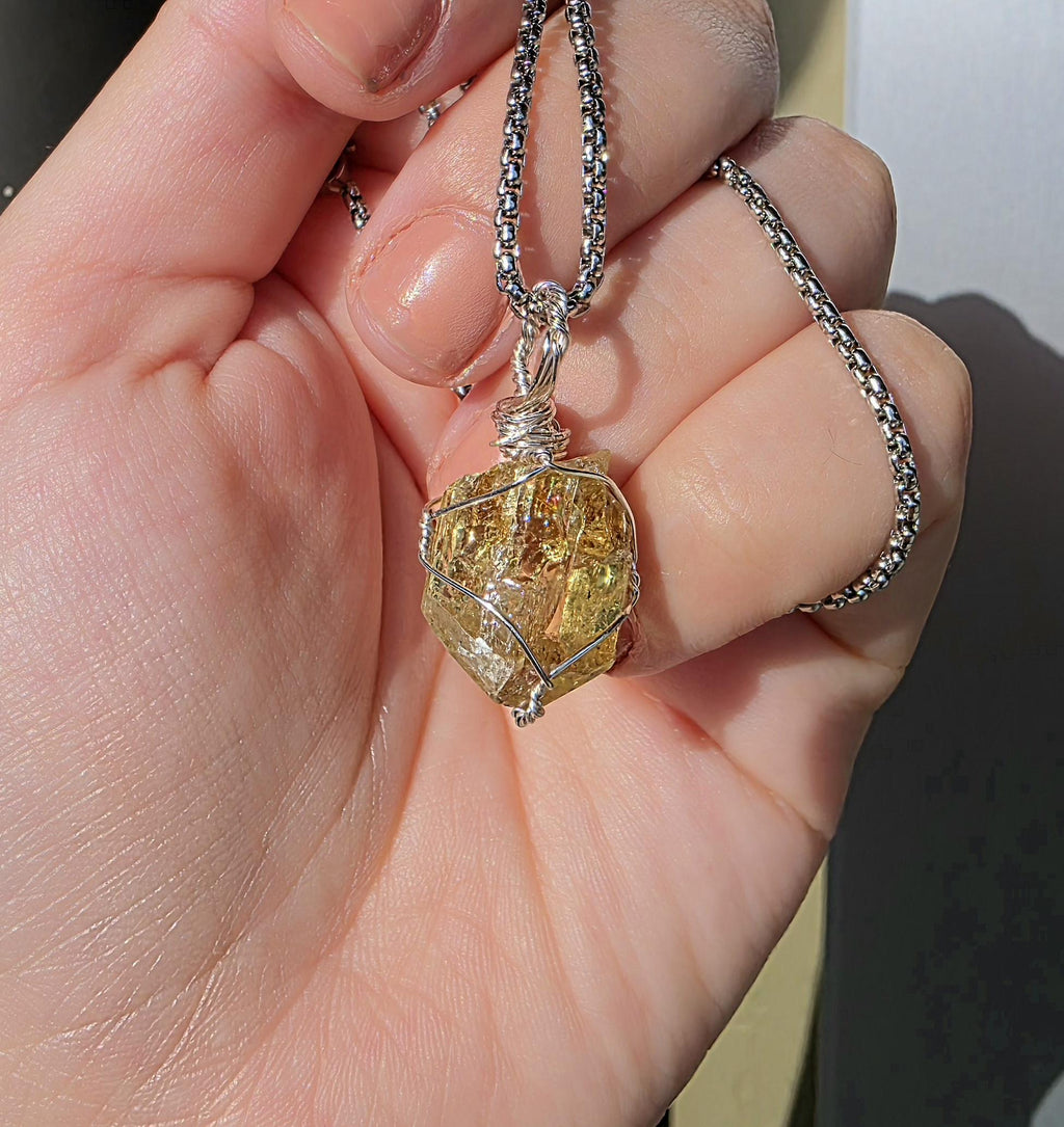 Golden Apatite Necklace | Wire Wrapped Crystal Pendant | Stainless Steel Chain | Natural Gem Quality Apatite Jewelry